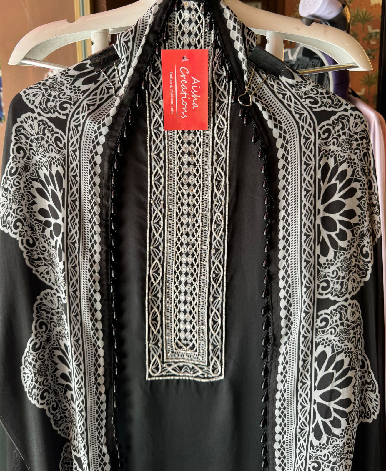 Pure satin Silk shirt with Pearl embellished neckline