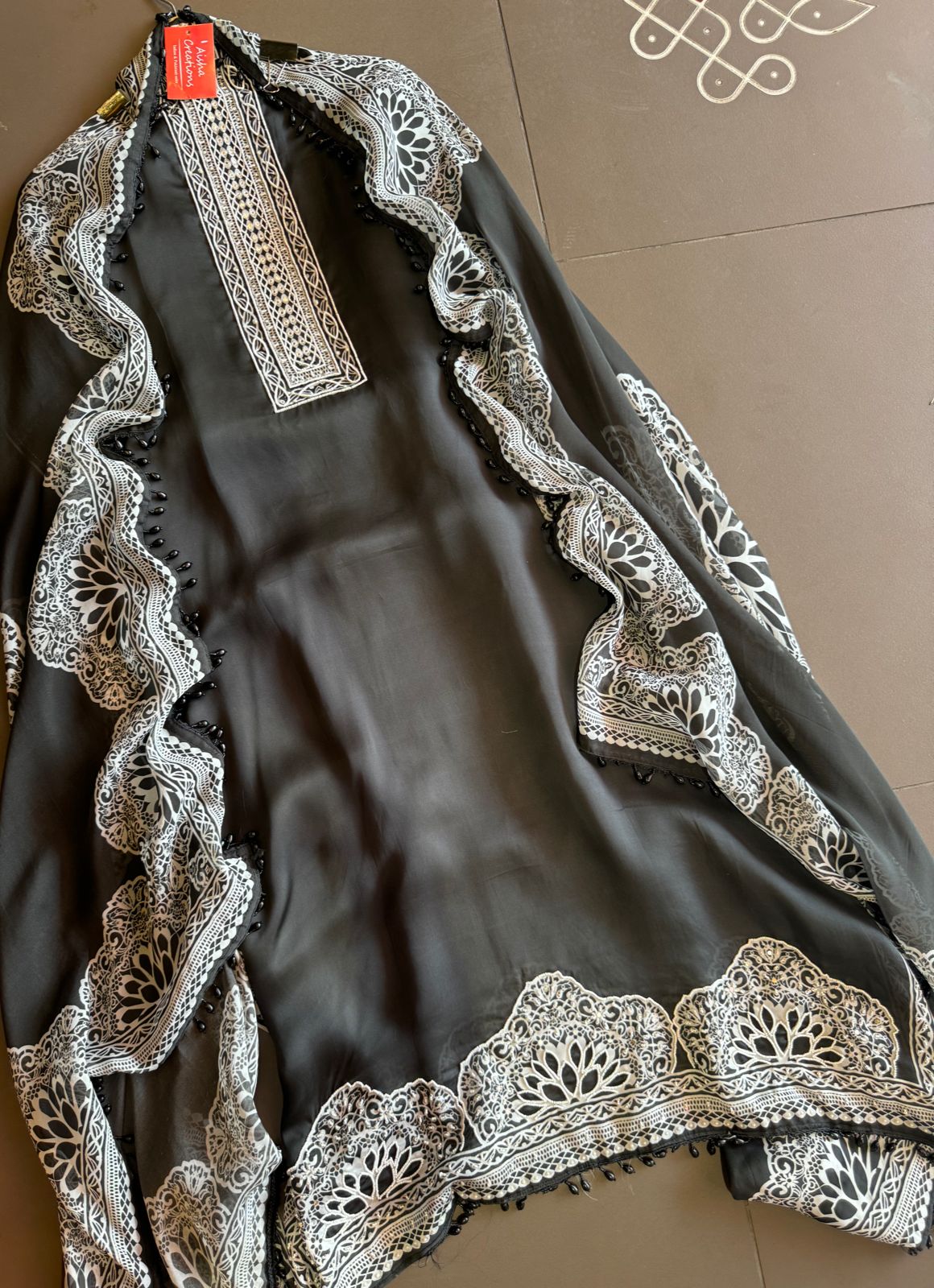 Pure satin Silk shirt with Pearl embellished neckline