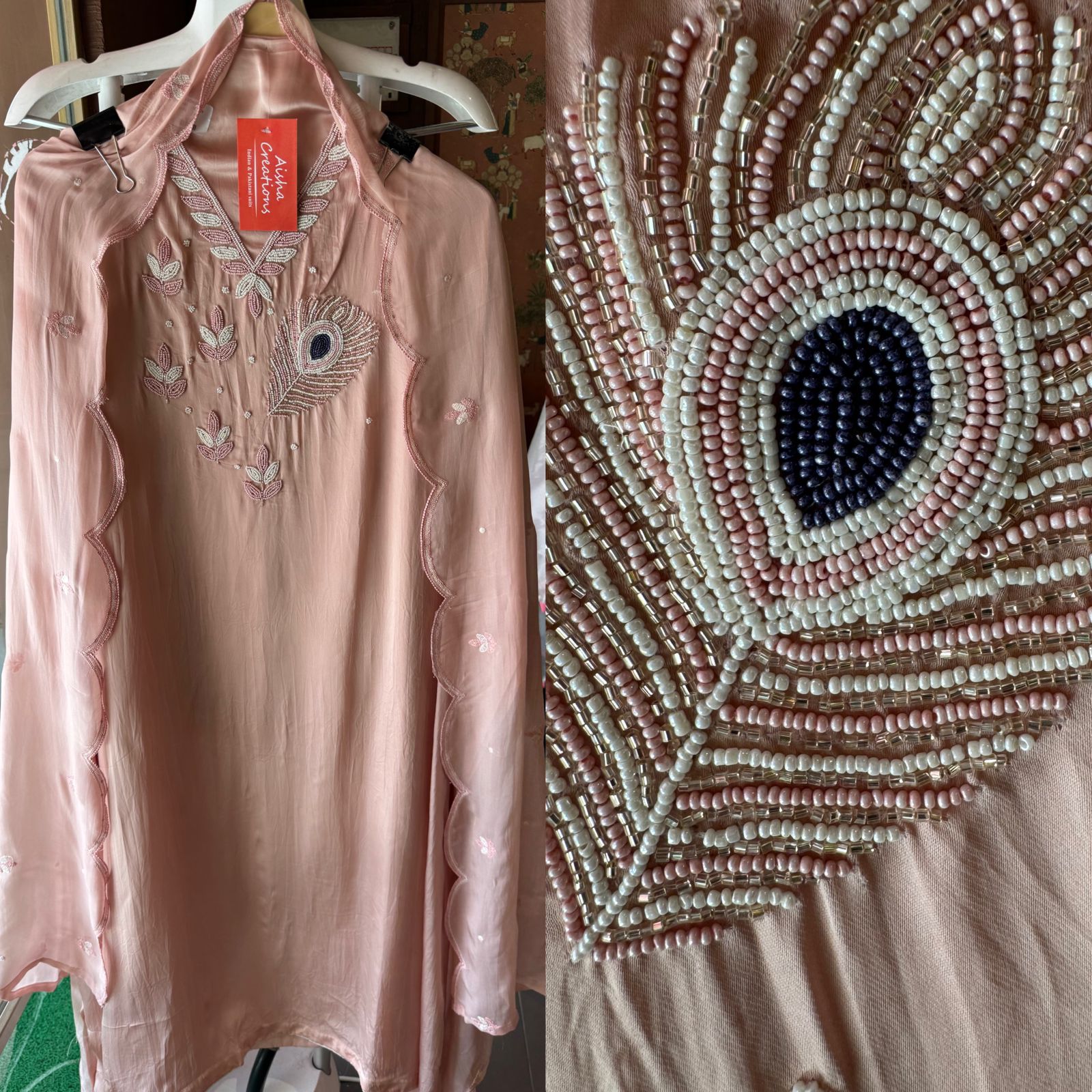 Soft organza Shirt with beautiful handwork highlighting on the neck front with Moti work