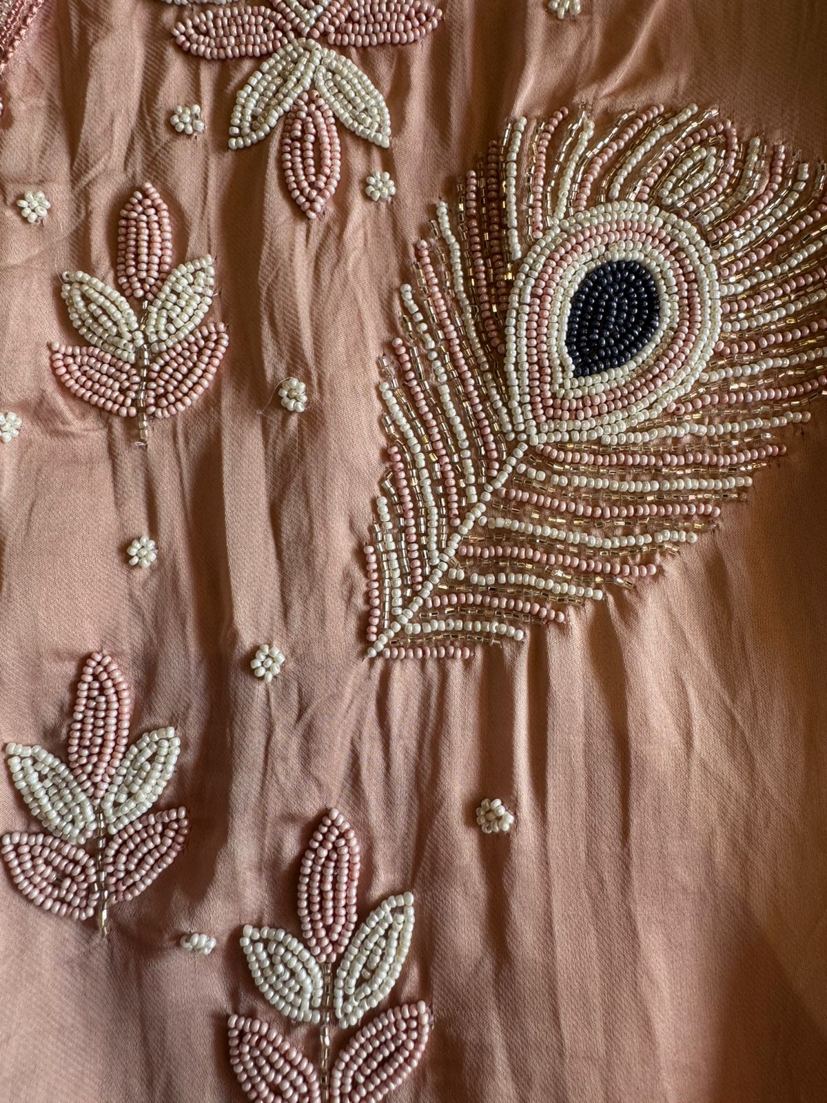 Soft organza Shirt with beautiful handwork highlighting on the neck front with Moti work