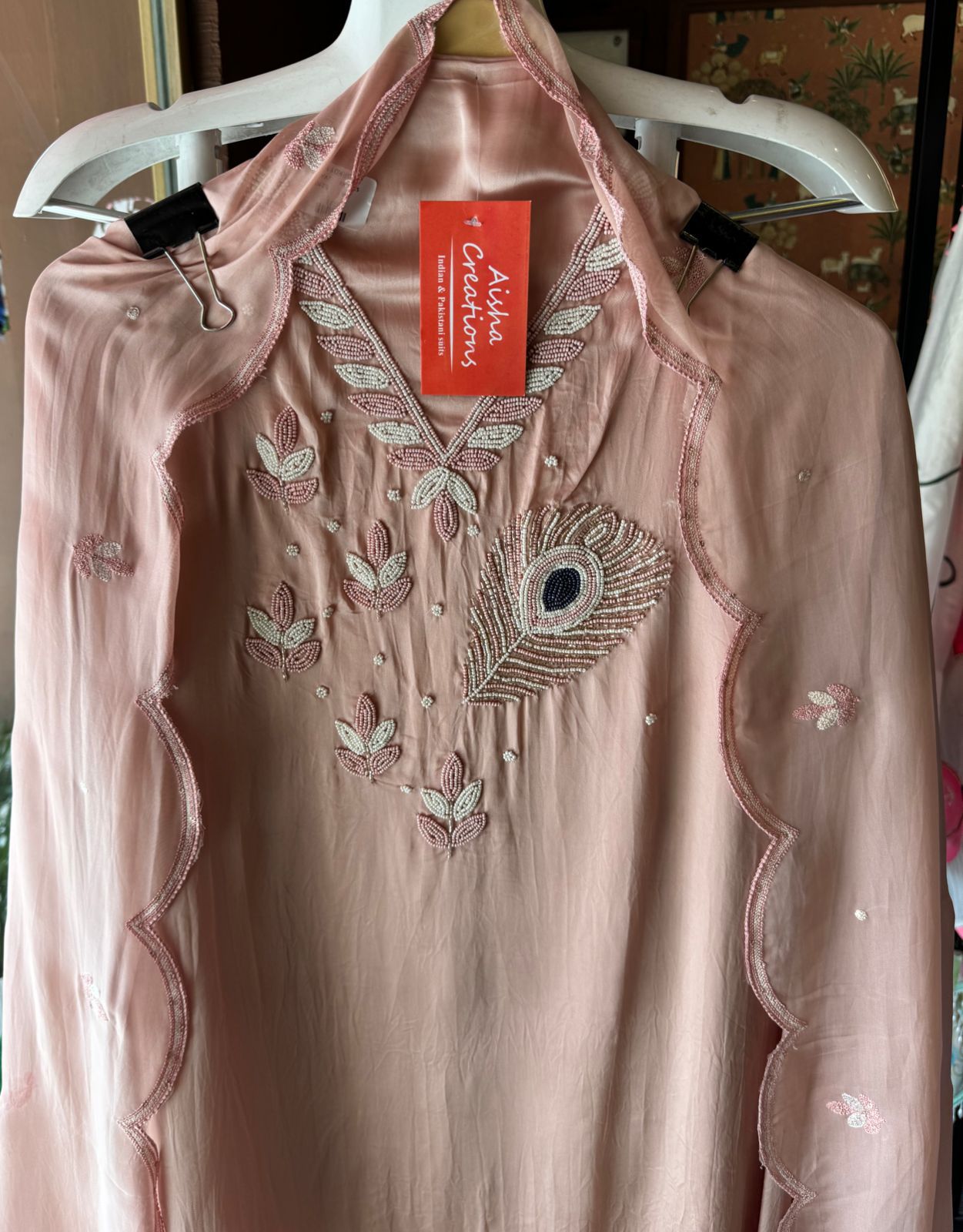 Soft organza Shirt with beautiful handwork highlighting on the neck front with Moti work