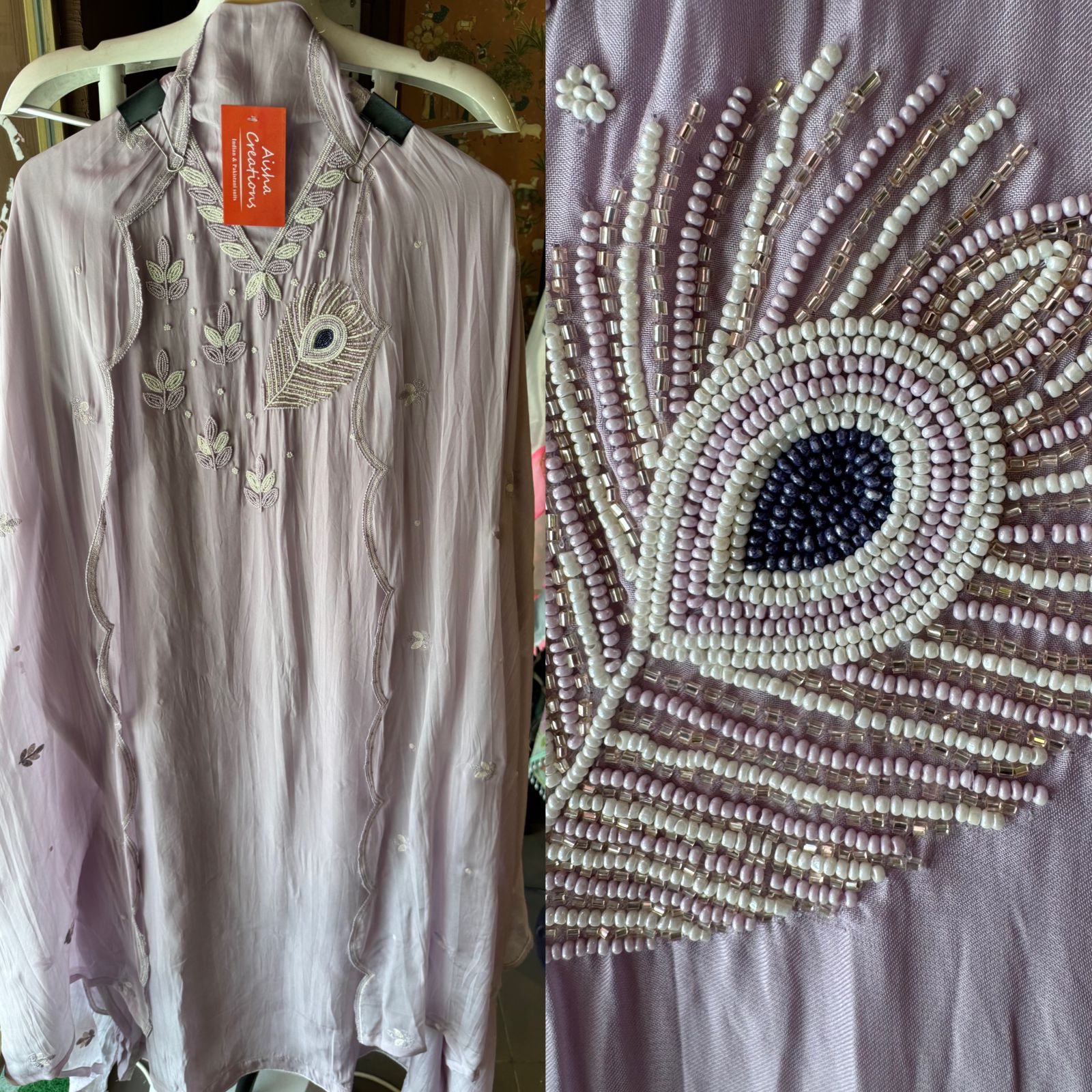 Soft organza Shirt with beautiful handwork highlighting on the neck front with Moti work