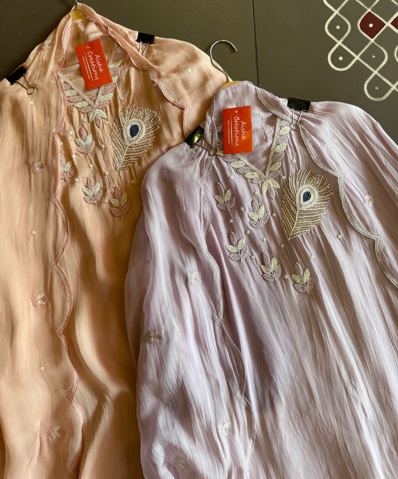 Soft organza Shirt with beautiful handwork highlighting on the neck front with Moti work