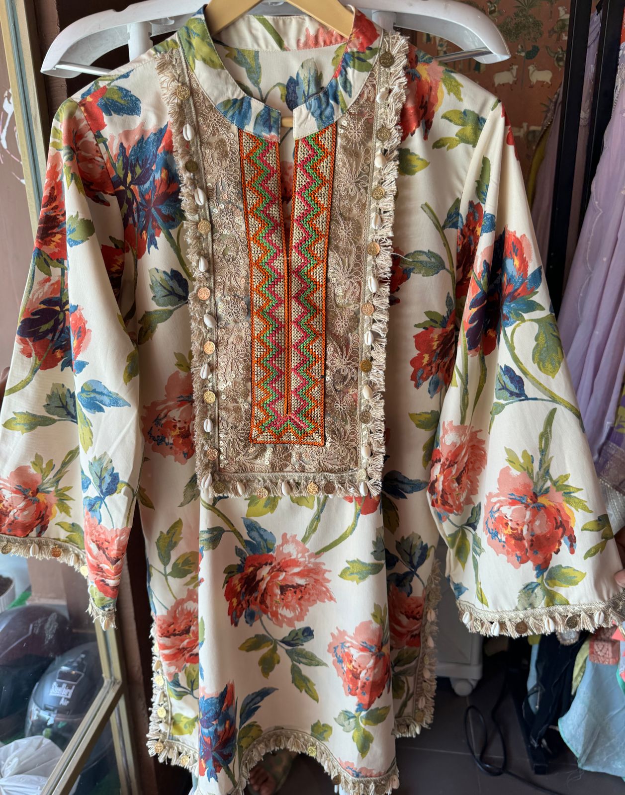 Pure cotton digital Floral printed COORD set with Jute patchwork on the neckline