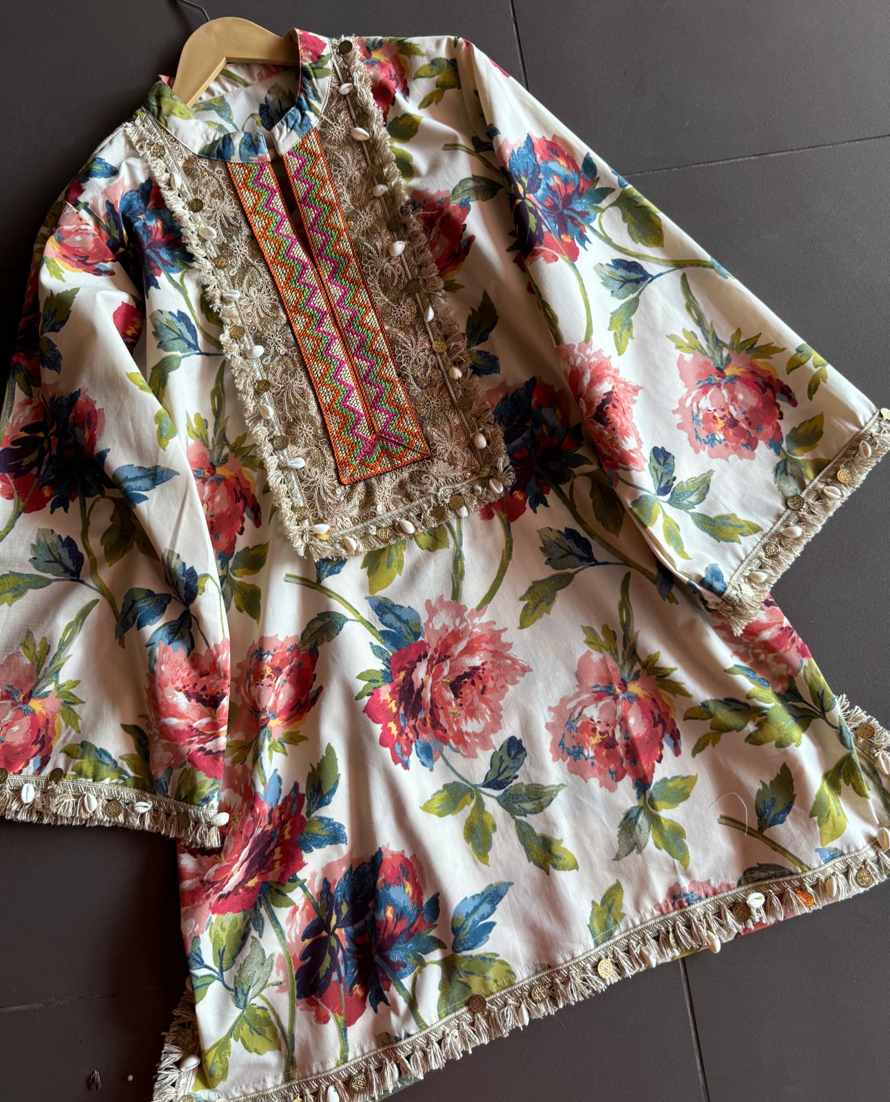 Pure cotton digital Floral printed COORD set with Jute patchwork on the neckline