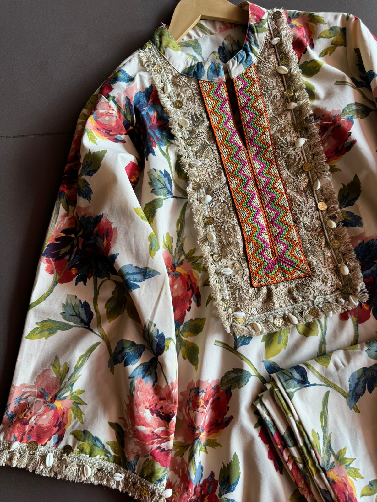 Pure cotton digital Floral printed COORD set with Jute patchwork on the neckline