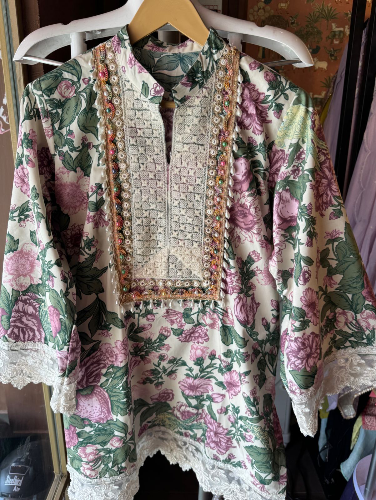 Pure cotton digital Floral printed COORD set with Jute patchwork on the neckline