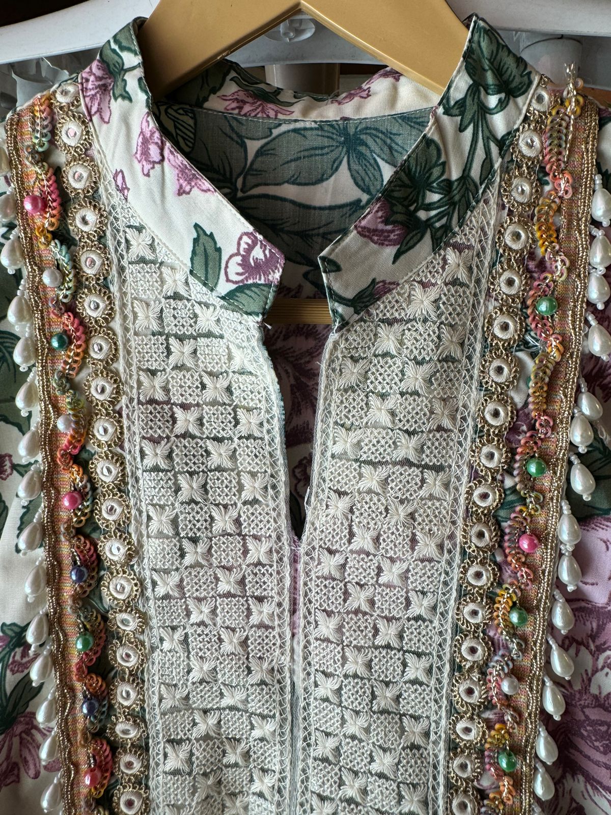 Pure cotton digital Floral printed COORD set with Jute patchwork on the neckline