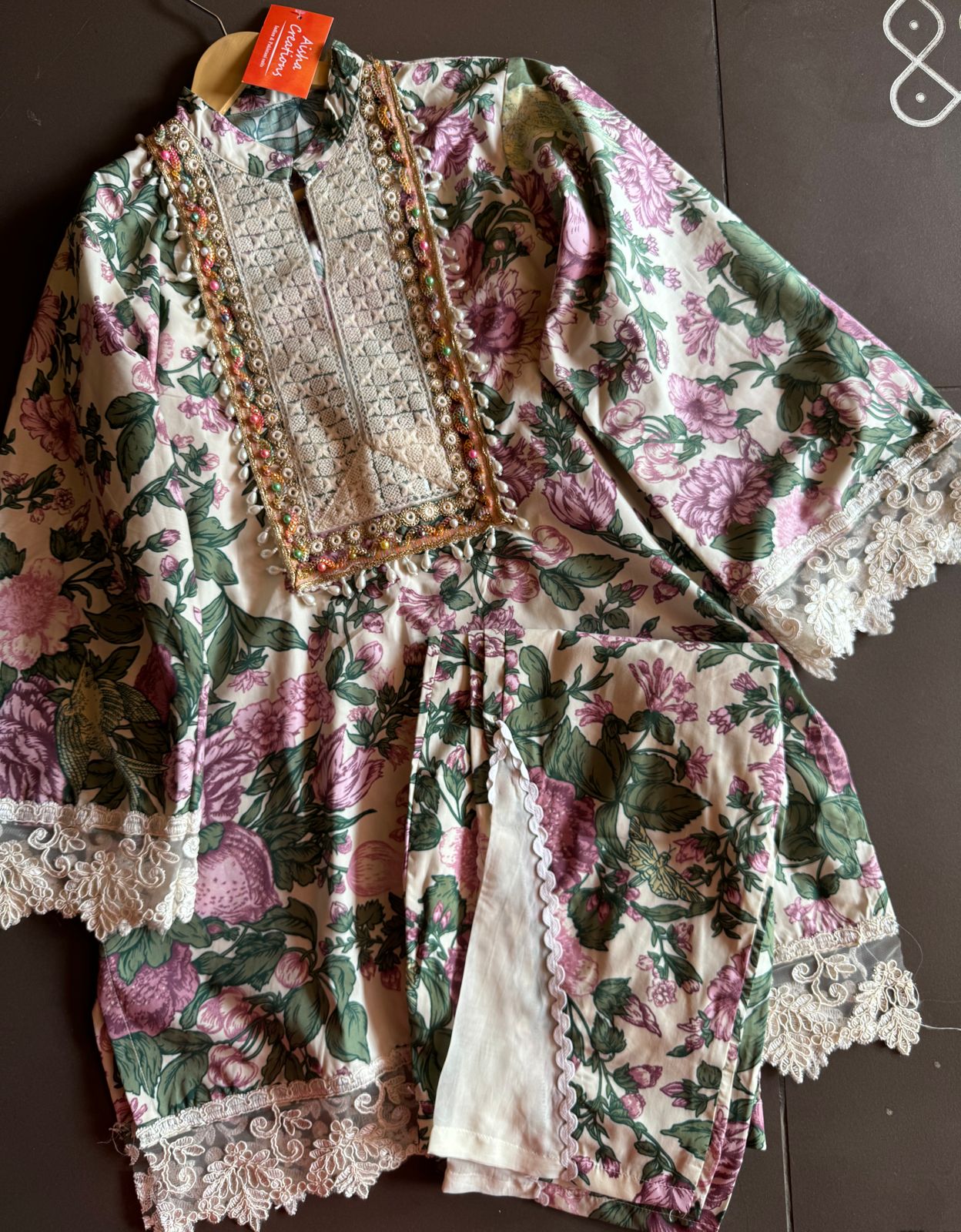 Pure cotton digital Floral printed COORD set with Jute patchwork on the neckline