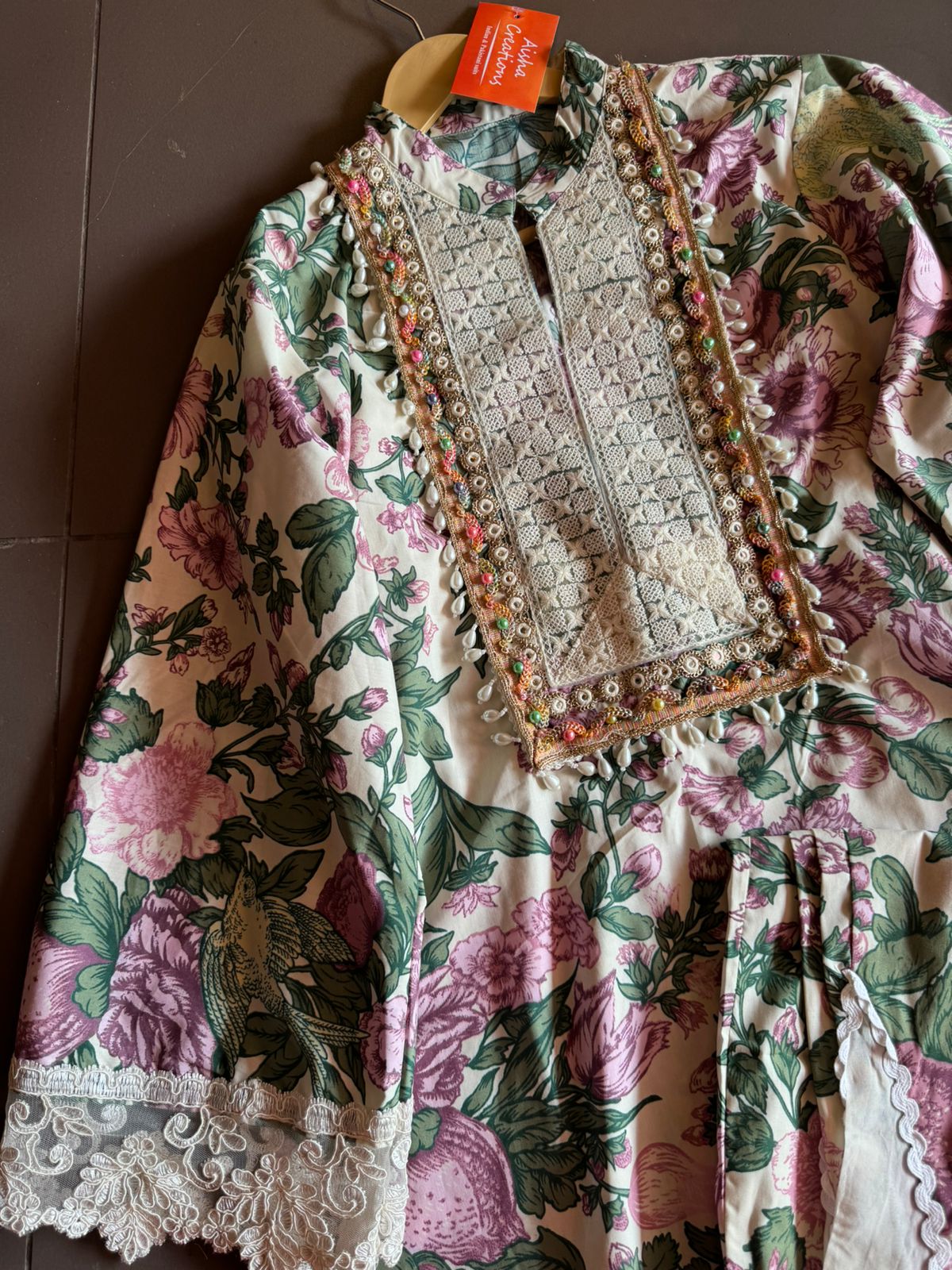 Pure cotton digital Floral printed COORD set with Jute patchwork on the neckline