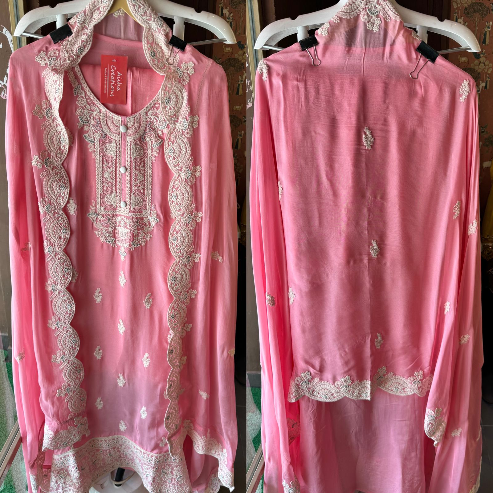 Soft organza Unstitched shirt with designer Threadwork booties and Even on the sides of the shirt