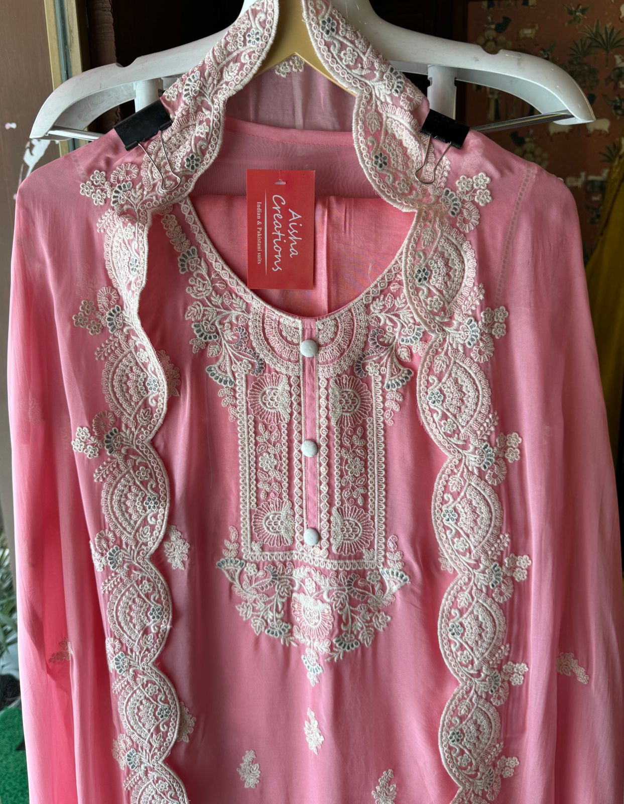 Soft organza Unstitched shirt with designer Threadwork booties and Even on the sides of the shirt