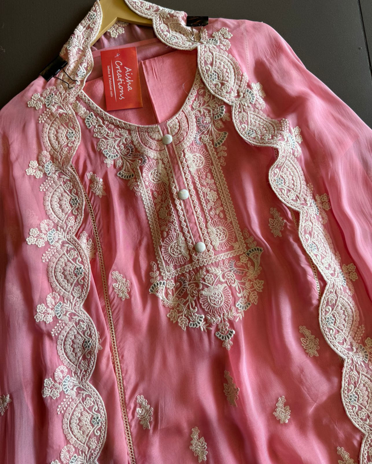 Soft organza Unstitched shirt with designer Threadwork booties and Even on the sides of the shirt