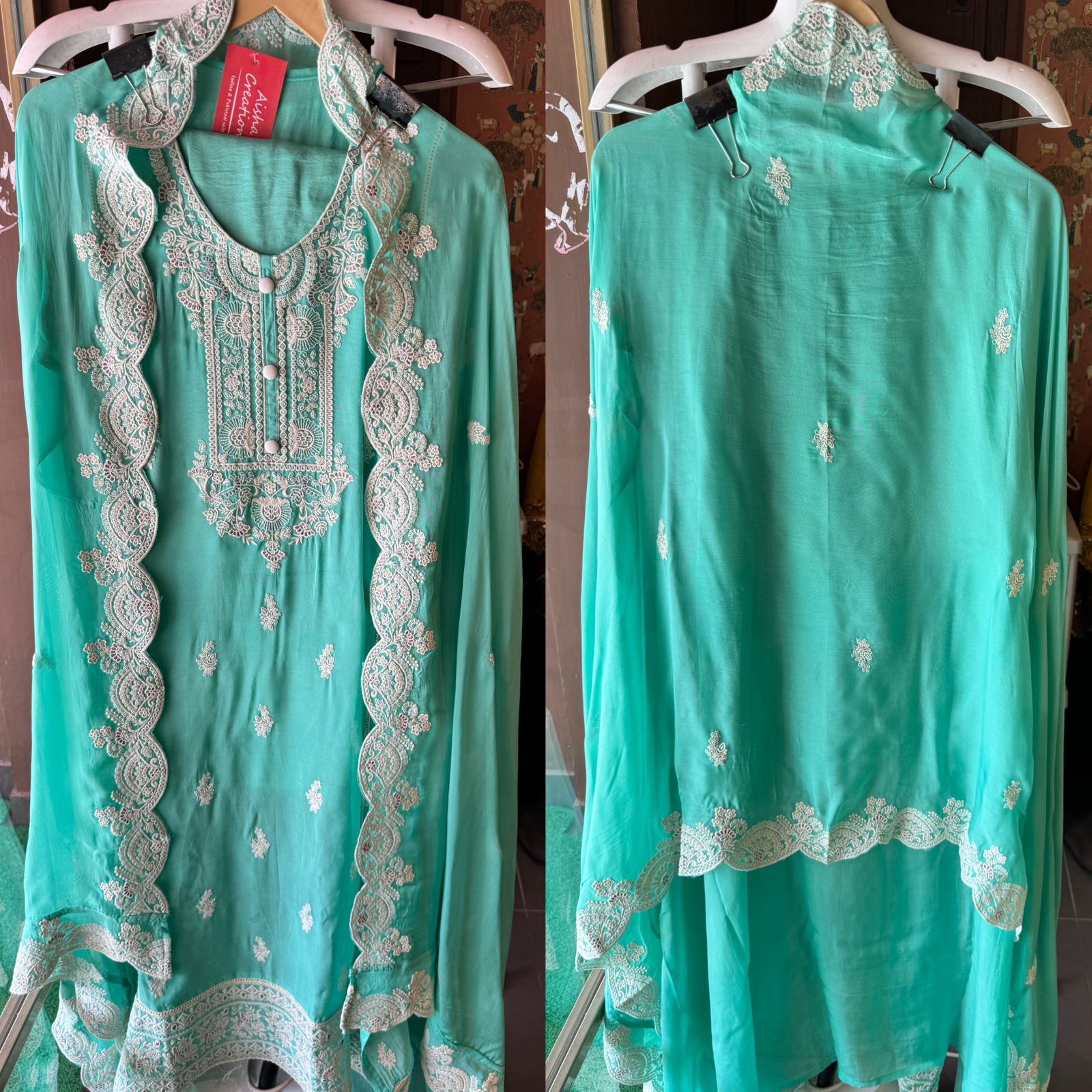 Soft organza Unstitched shirt with designer Threadwork booties and Even on the sides of the shirt