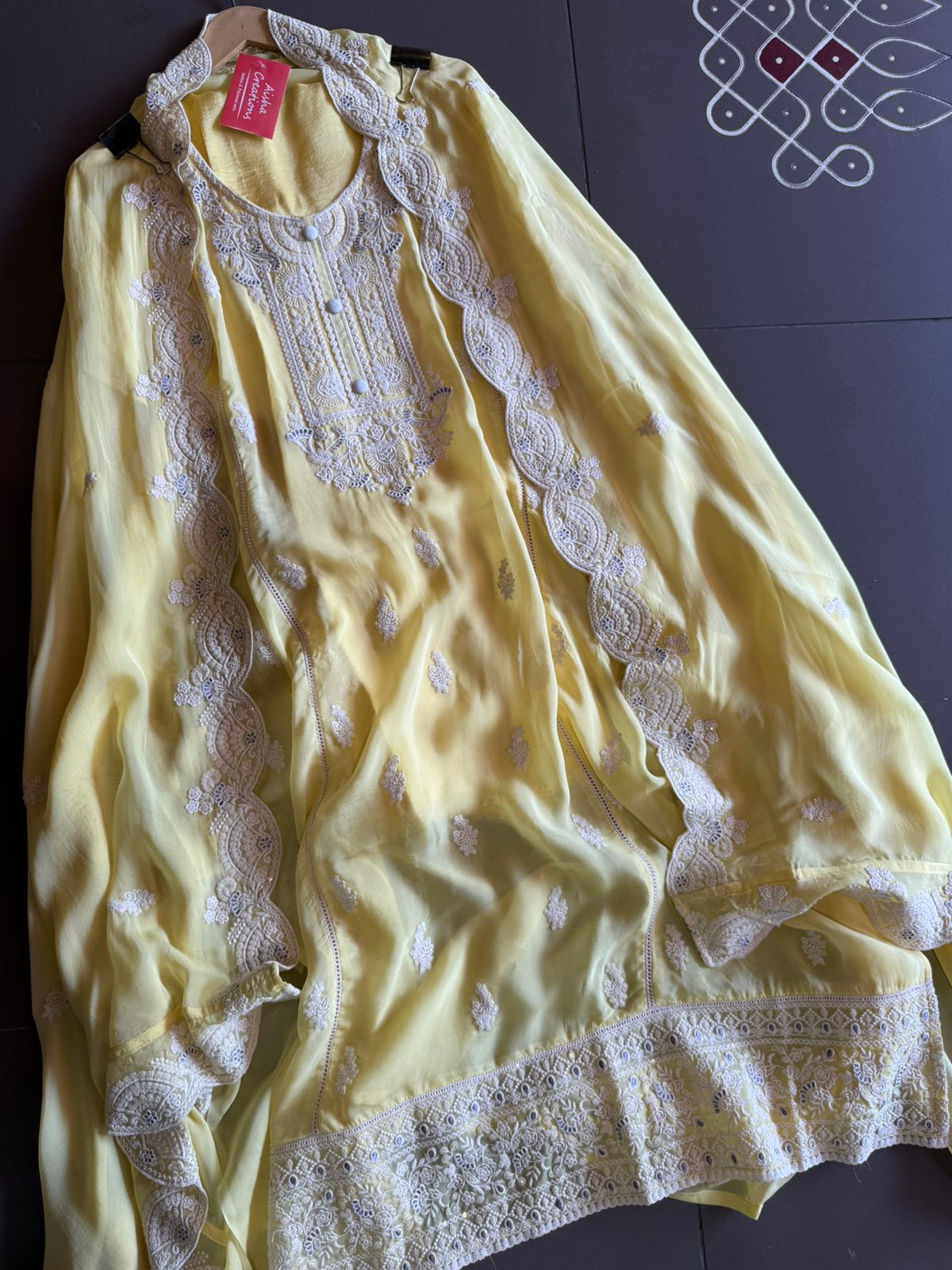 Soft organza Unstitched shirt with designer Threadwork booties and Even on the sides of the shirt