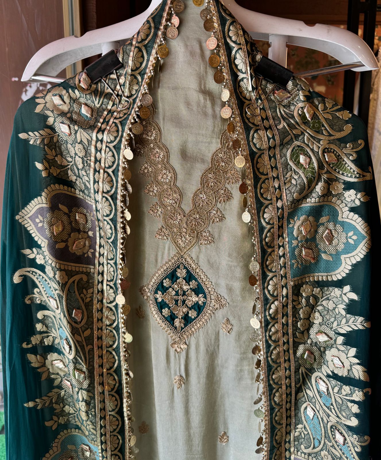 Pure organza silk zari weaving booties unstitched Shirt with very gorgeous neckline made from Dori zari and dabka work