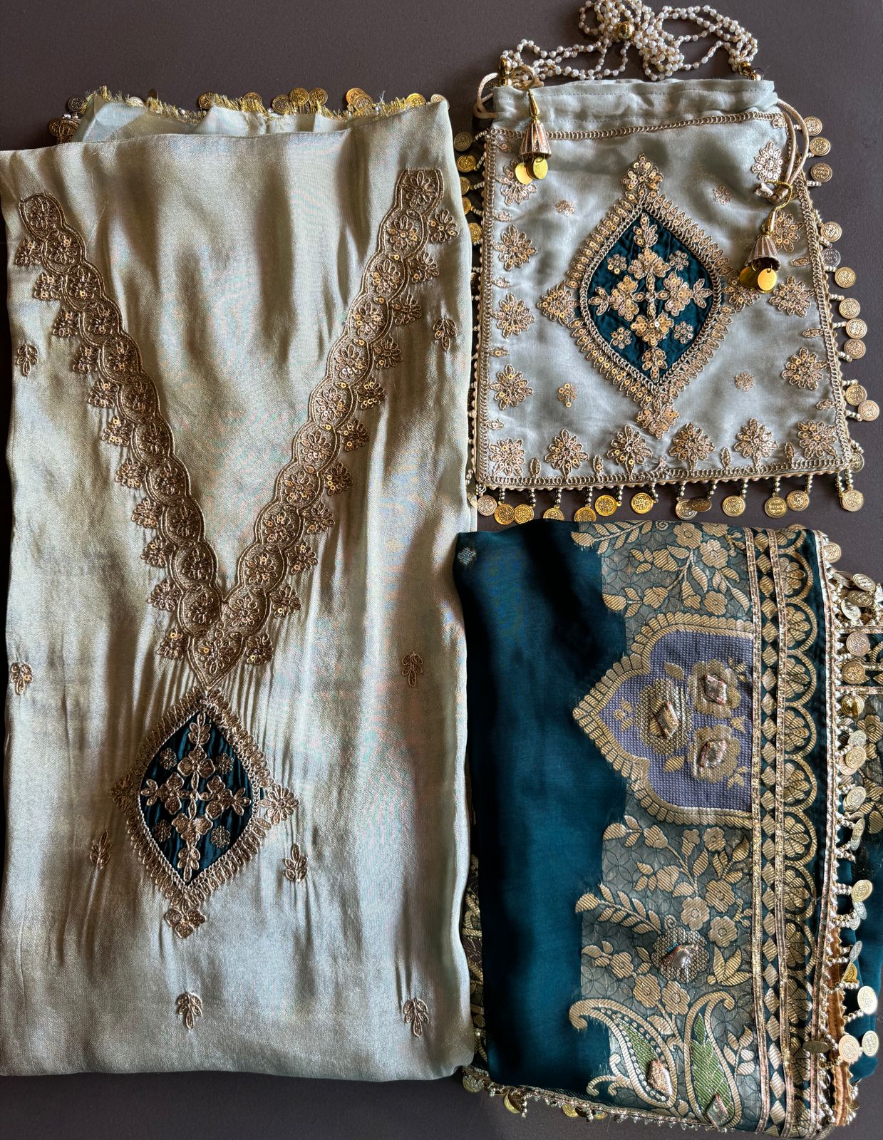 Pure organza silk zari weaving booties unstitched Shirt with very gorgeous neckline made from Dori zari and dabka work