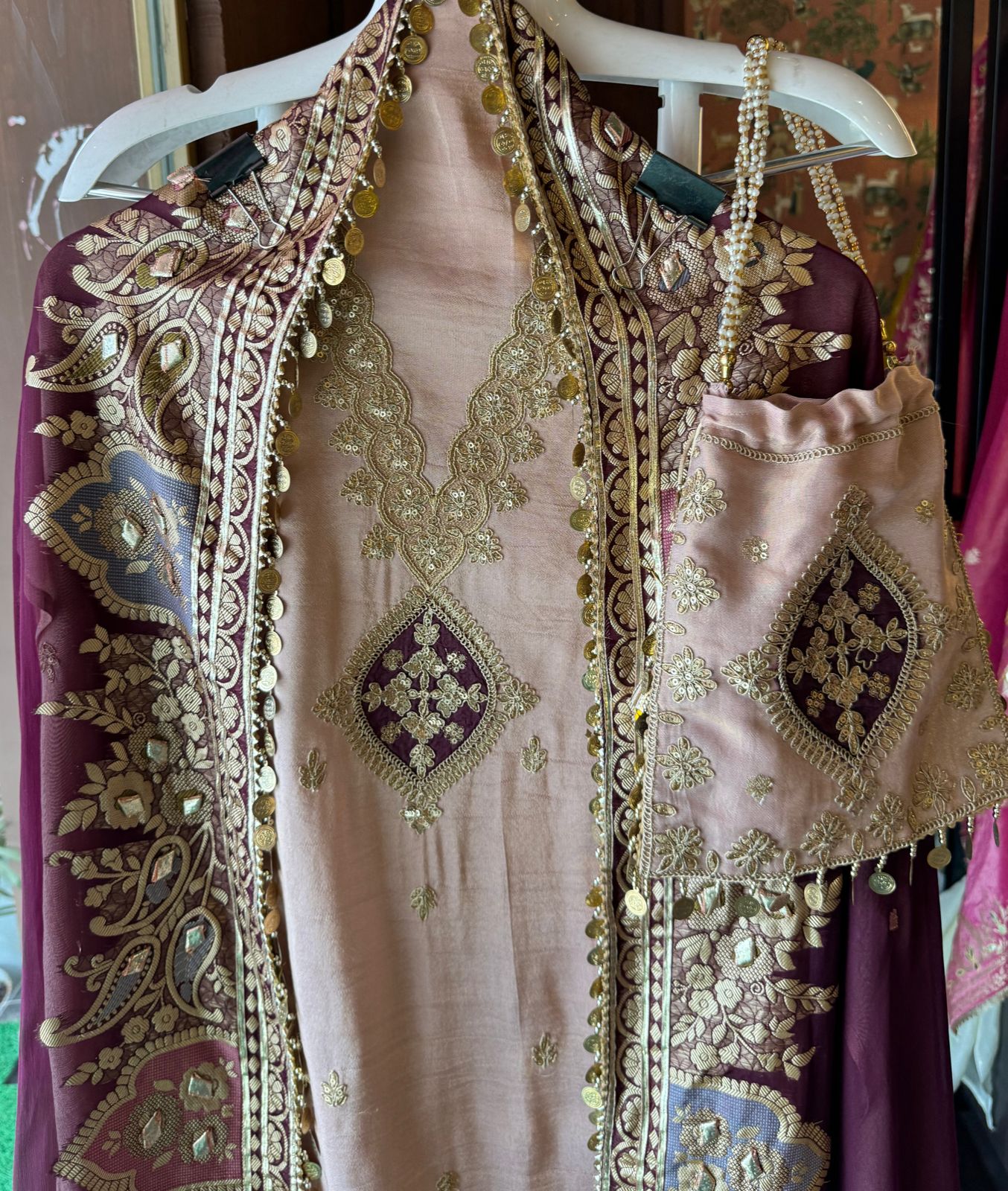 Pure organza silk zari weaving booties unstitched Shirt with very gorgeous neckline made from Dori zari and dabka work