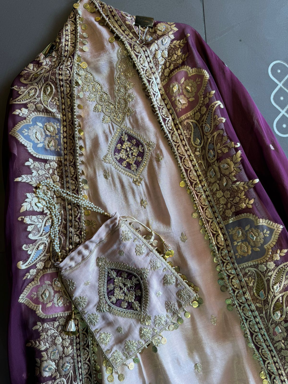 Pure organza silk zari weaving booties unstitched Shirt with very gorgeous neckline made from Dori zari and dabka work