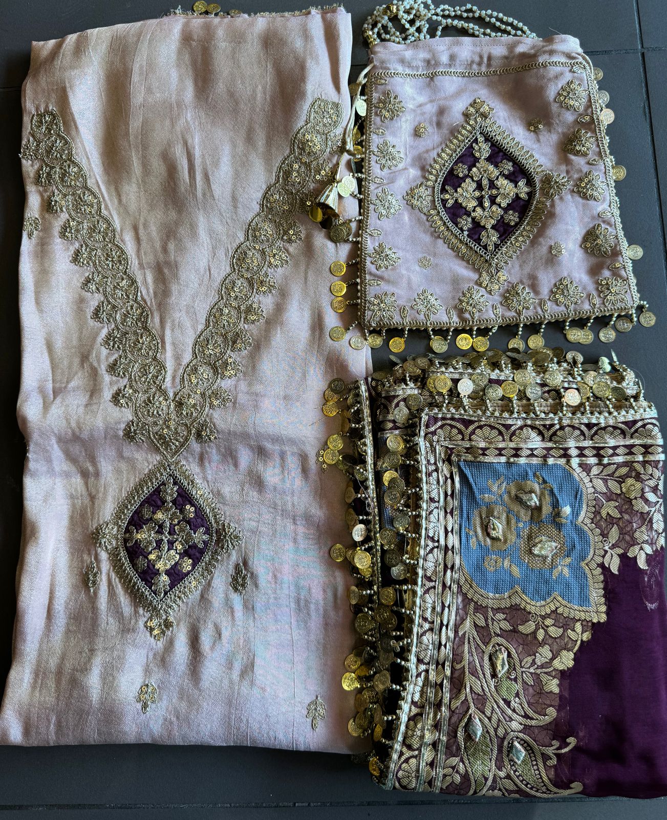 Pure organza silk zari weaving booties unstitched Shirt with very gorgeous neckline made from Dori zari and dabka work