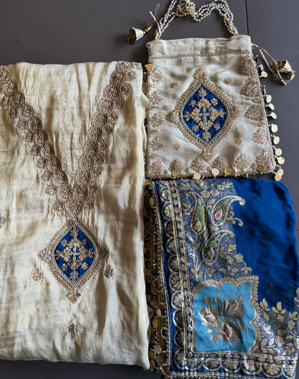 Pure organza silk zari weaving booties unstitched Shirt with very gorgeous neckline made from Dori zari and dabka work