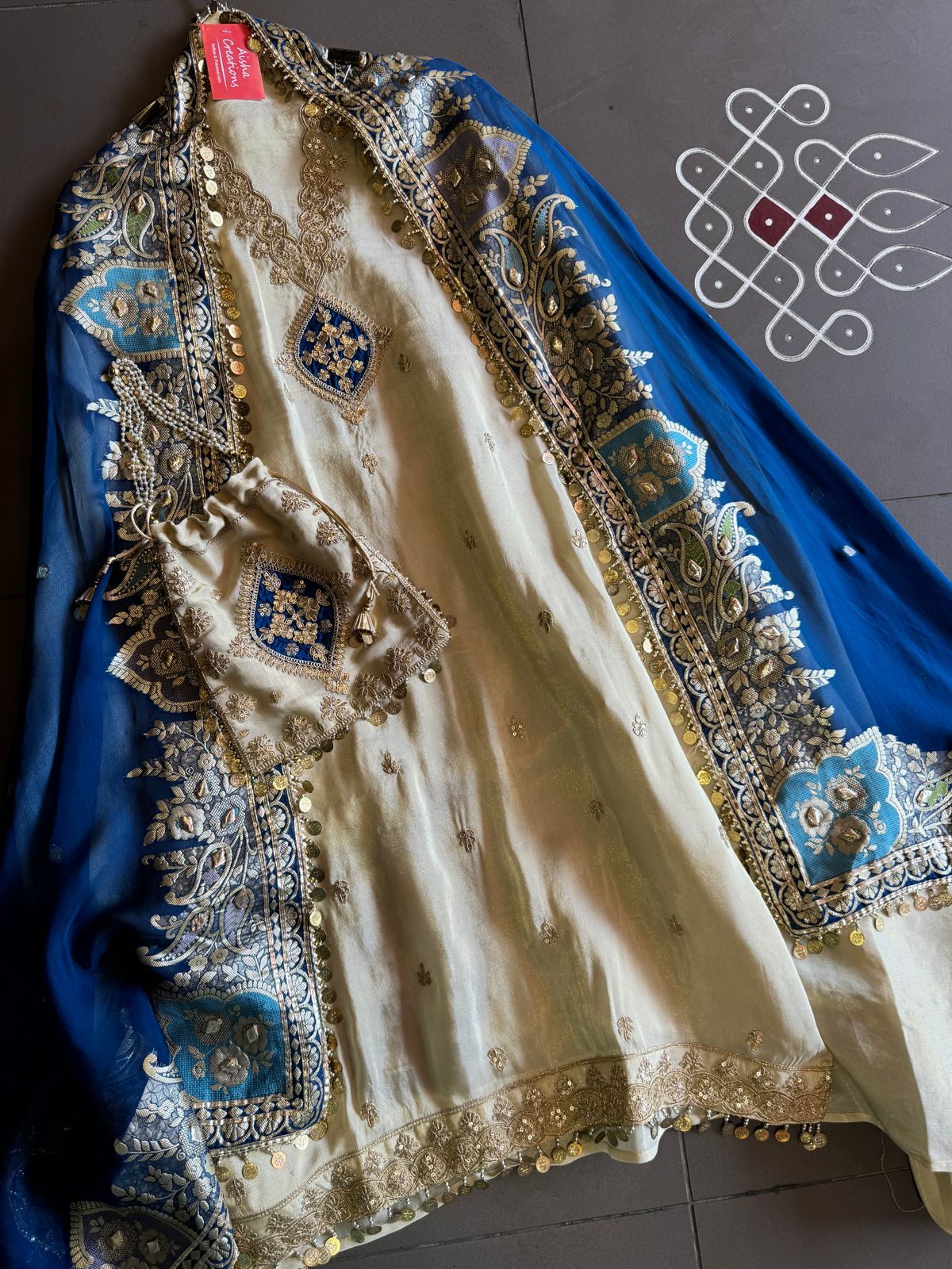 Pure organza silk zari weaving booties unstitched Shirt with very gorgeous neckline made from Dori zari and dabka work