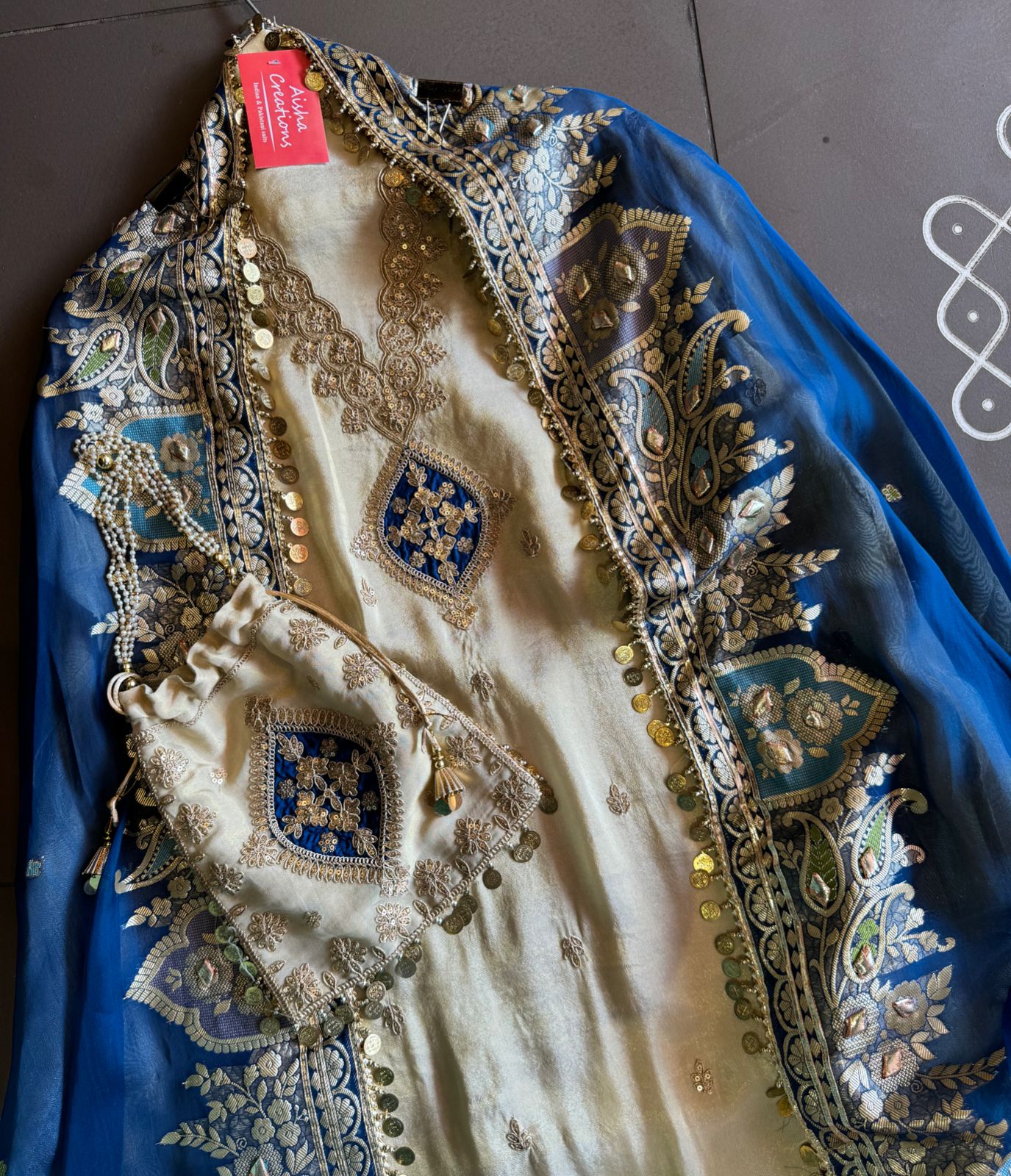 Pure organza silk zari weaving booties unstitched Shirt with very gorgeous neckline made from Dori zari and dabka work