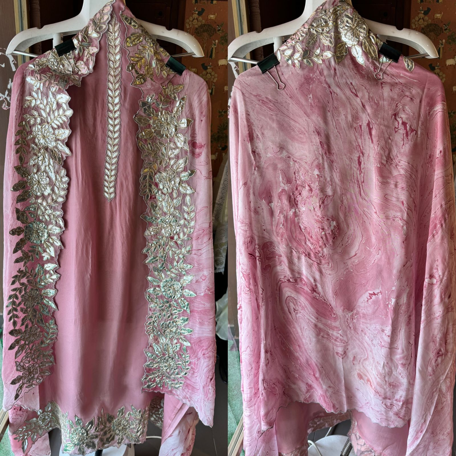 Plain shirt with neck Patti design and Cutwork done on the ghera of the shirt (Foil with dori work)