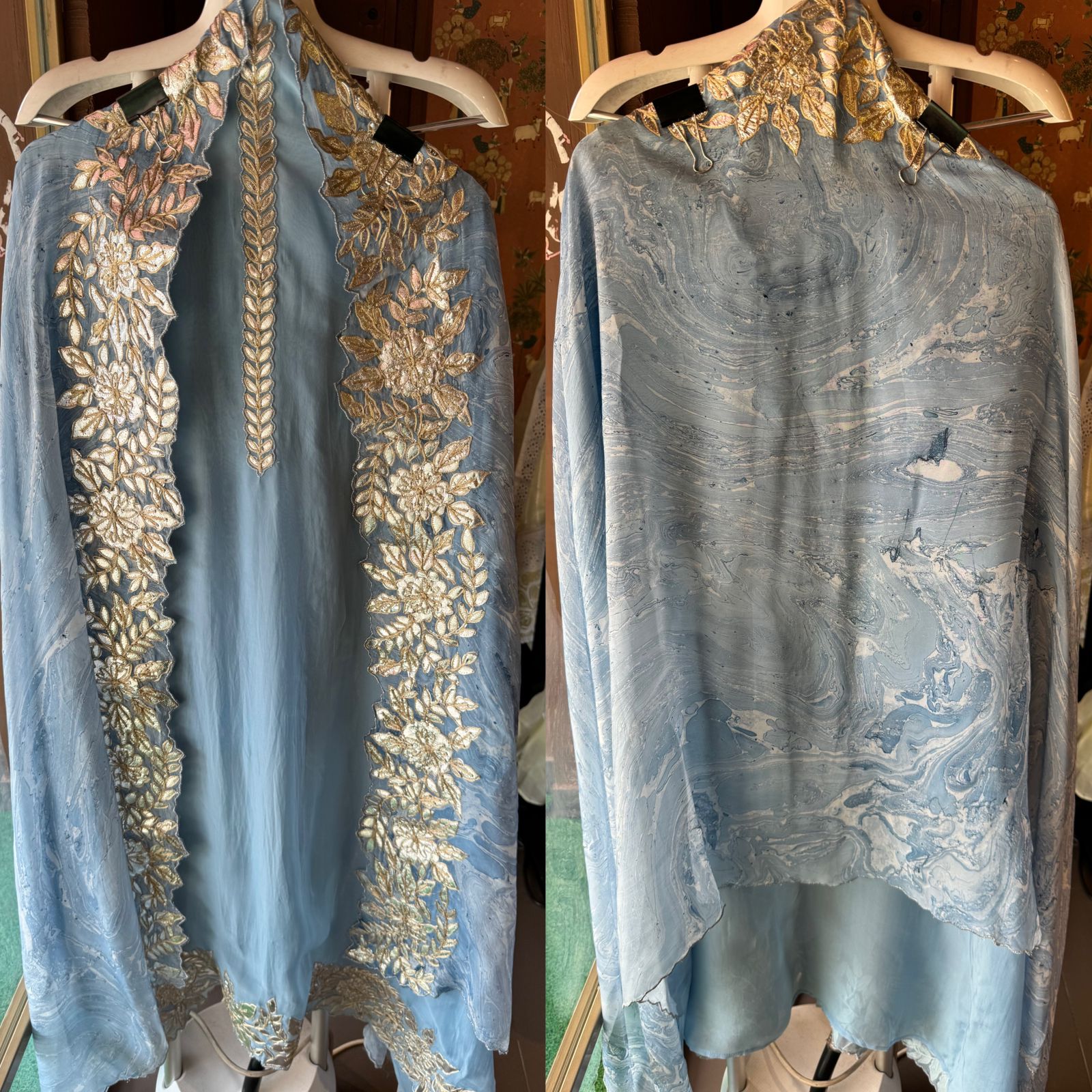 Plain shirt with neck Patti design and Cutwork done on the ghera of the shirt (Foil with dori work)