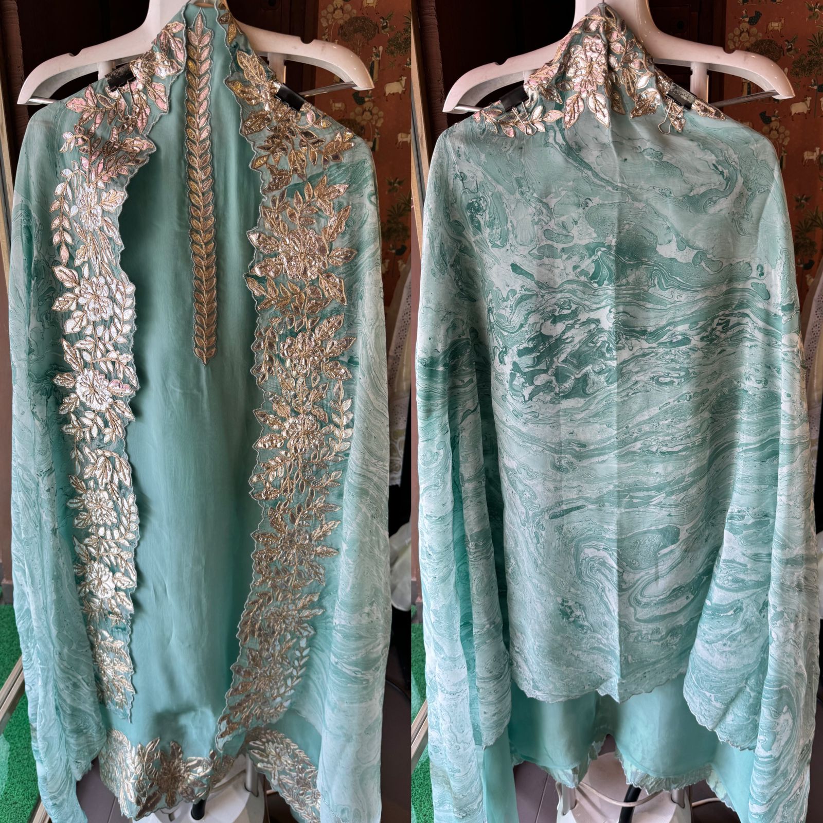 Plain shirt with neck Patti design and Cutwork done on the ghera of the shirt (Foil with dori work)