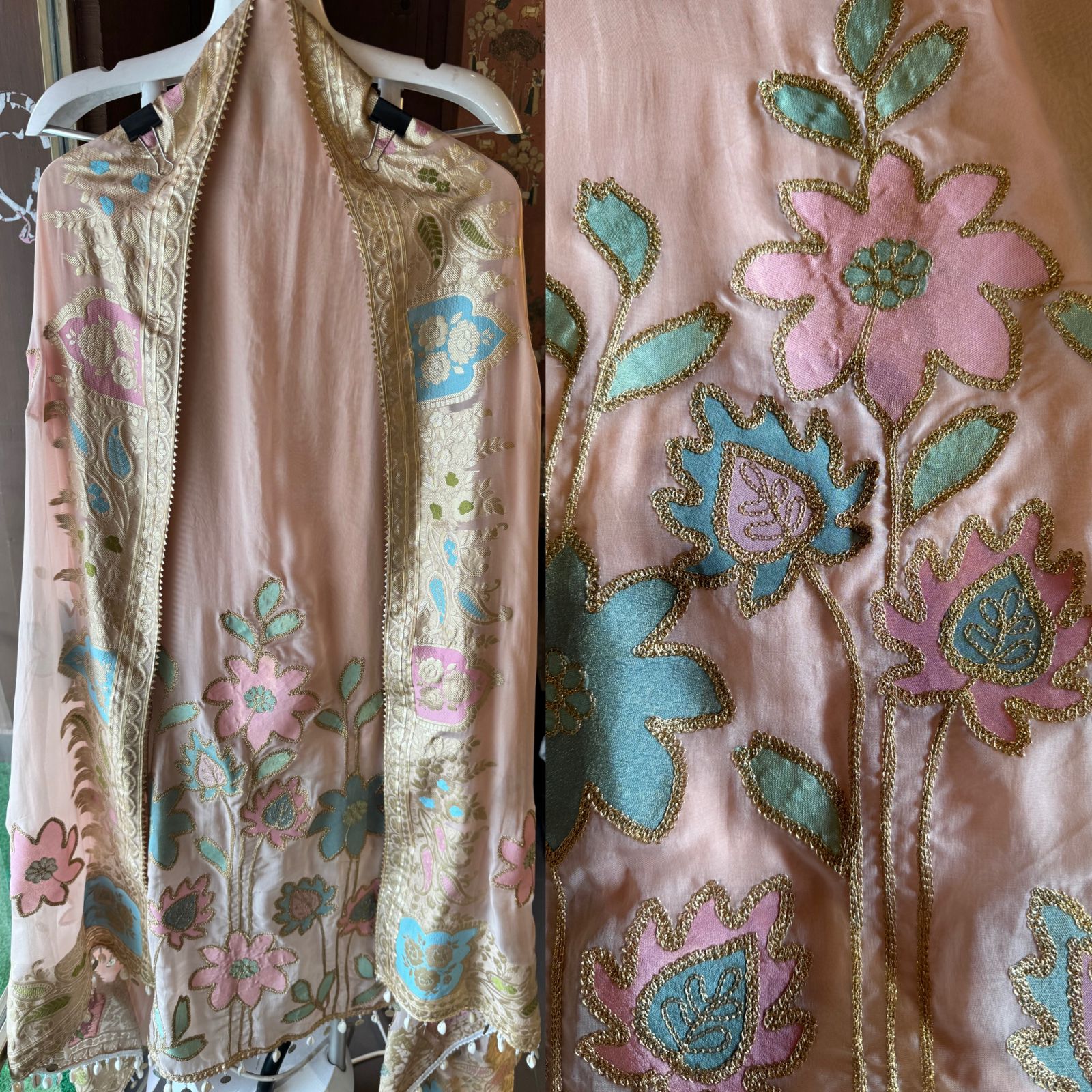 Soft organza Shirt unstitched Shirt with floral shimmer handcraft patchwork And zari Kadhai