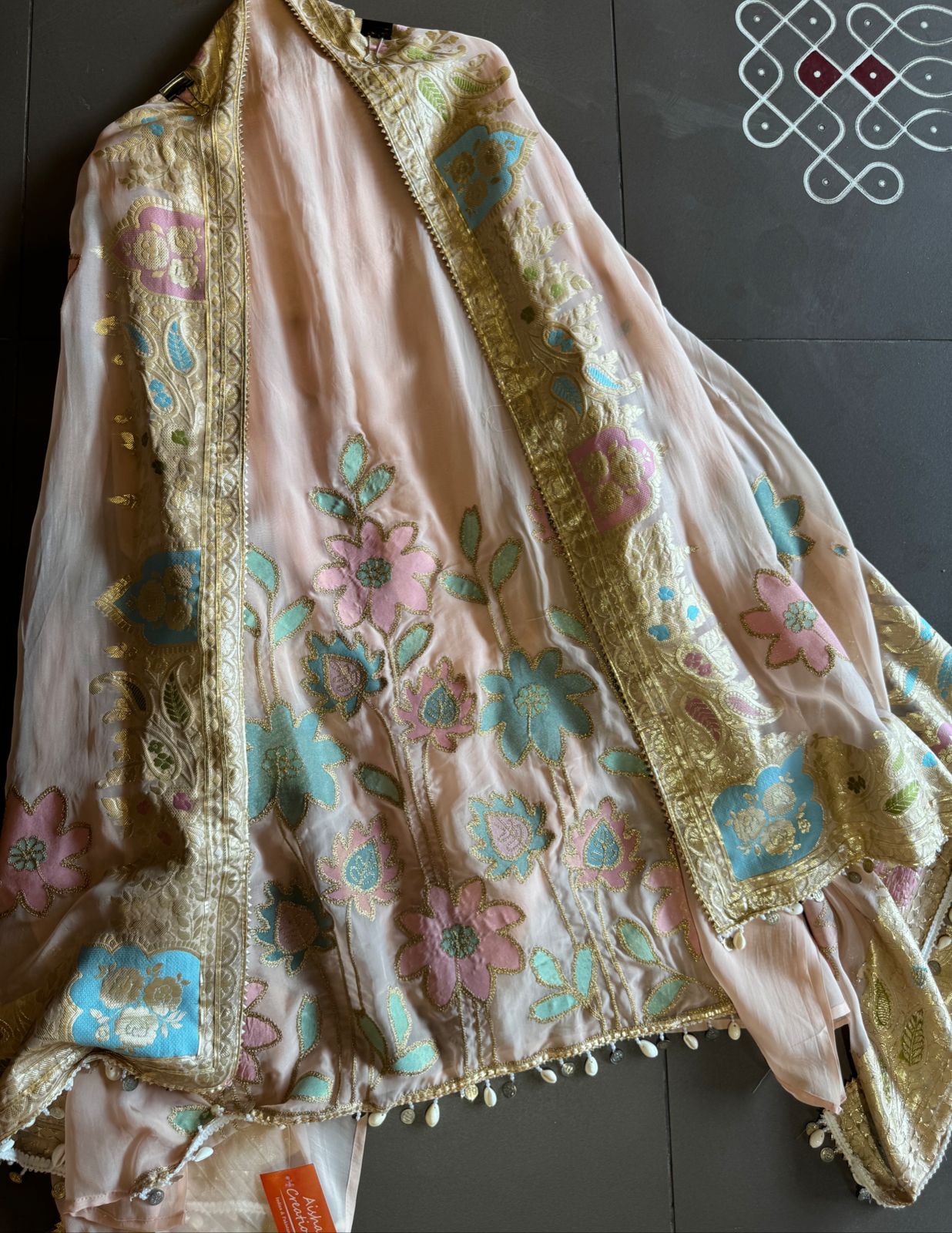 Soft organza Shirt unstitched Shirt with floral shimmer handcraft patchwork And zari Kadhai