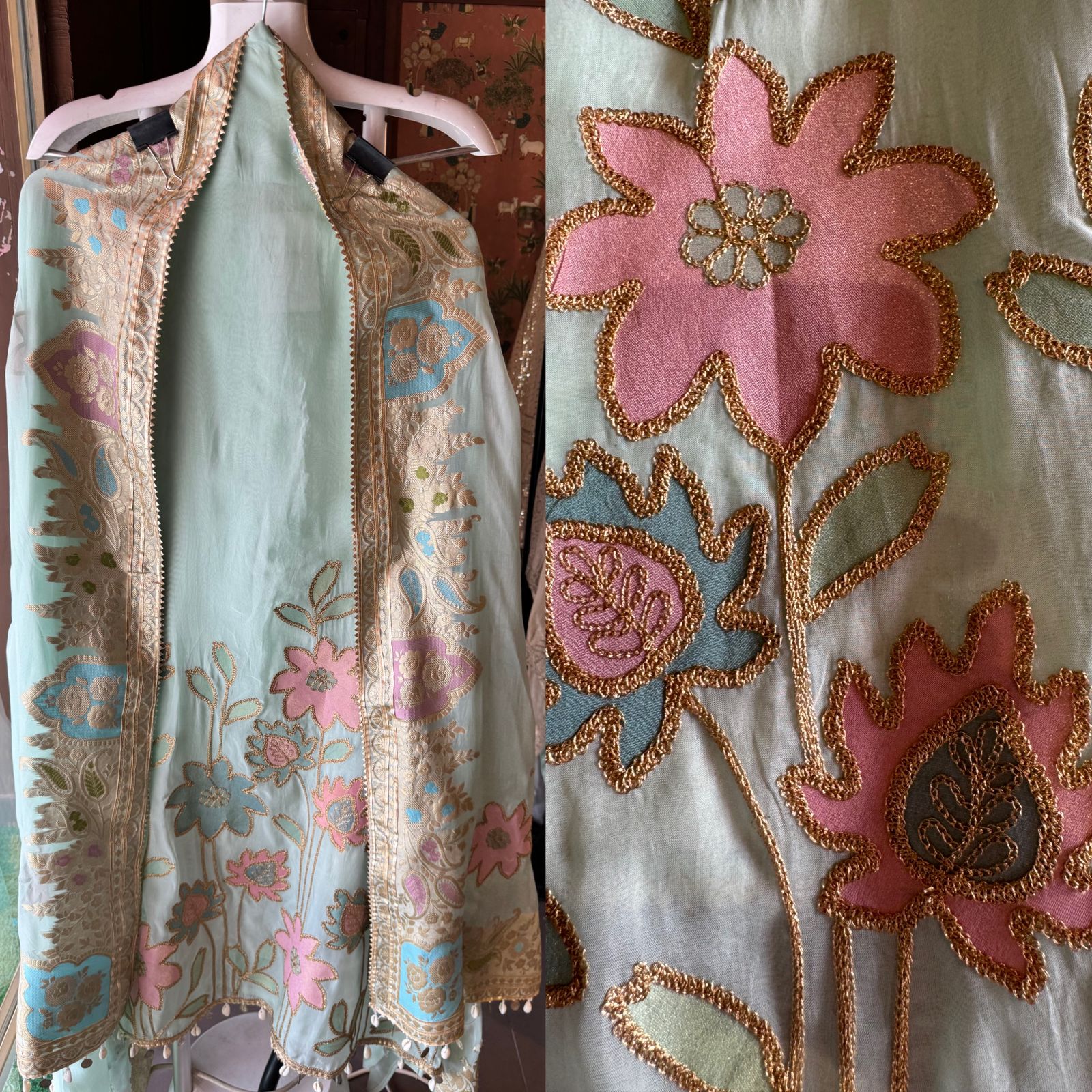 Soft organza Shirt unstitched Shirt with floral shimmer handcraft patchwork And zari Kadhai