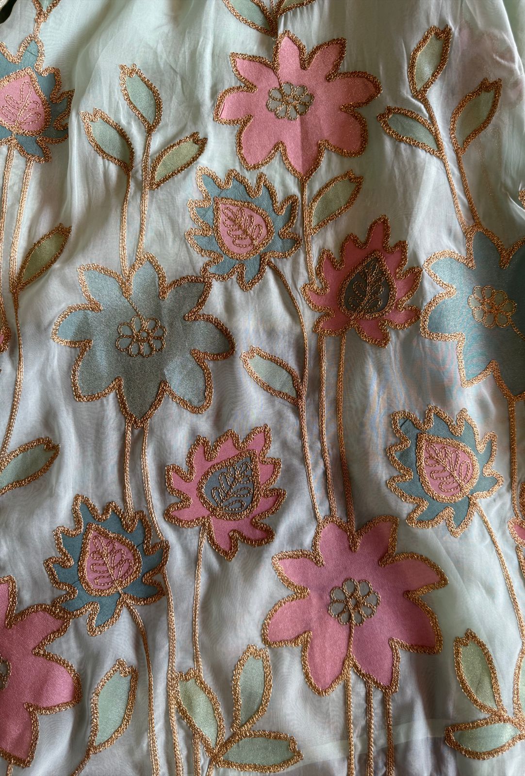 Soft organza Shirt unstitched Shirt with floral shimmer handcraft patchwork And zari Kadhai