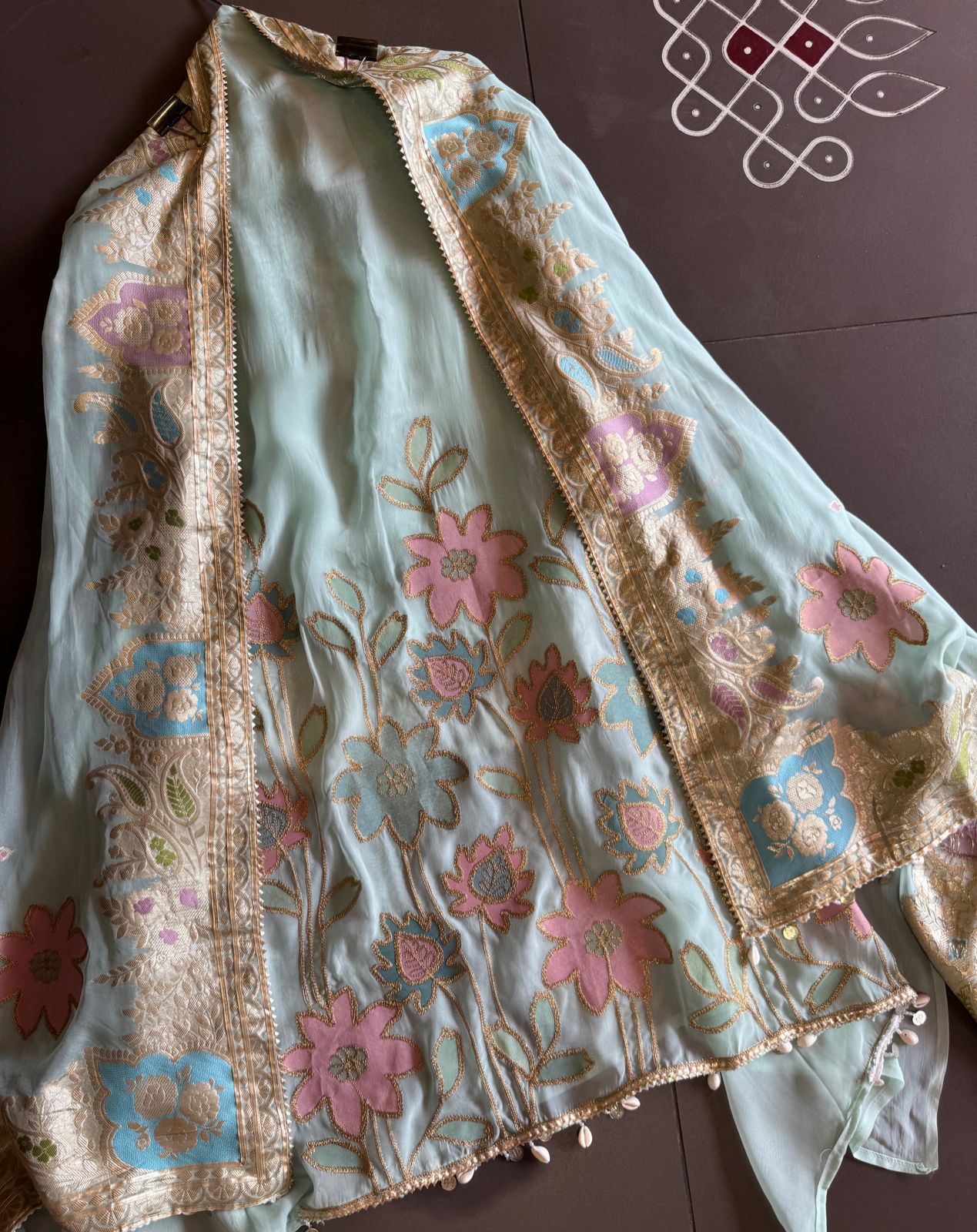 Soft organza Shirt unstitched Shirt with floral shimmer handcraft patchwork And zari Kadhai