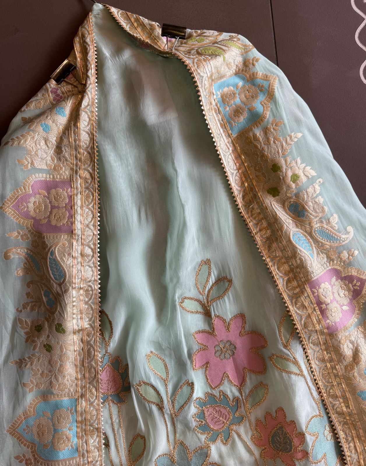 Soft organza Shirt unstitched Shirt with floral shimmer handcraft patchwork And zari Kadhai