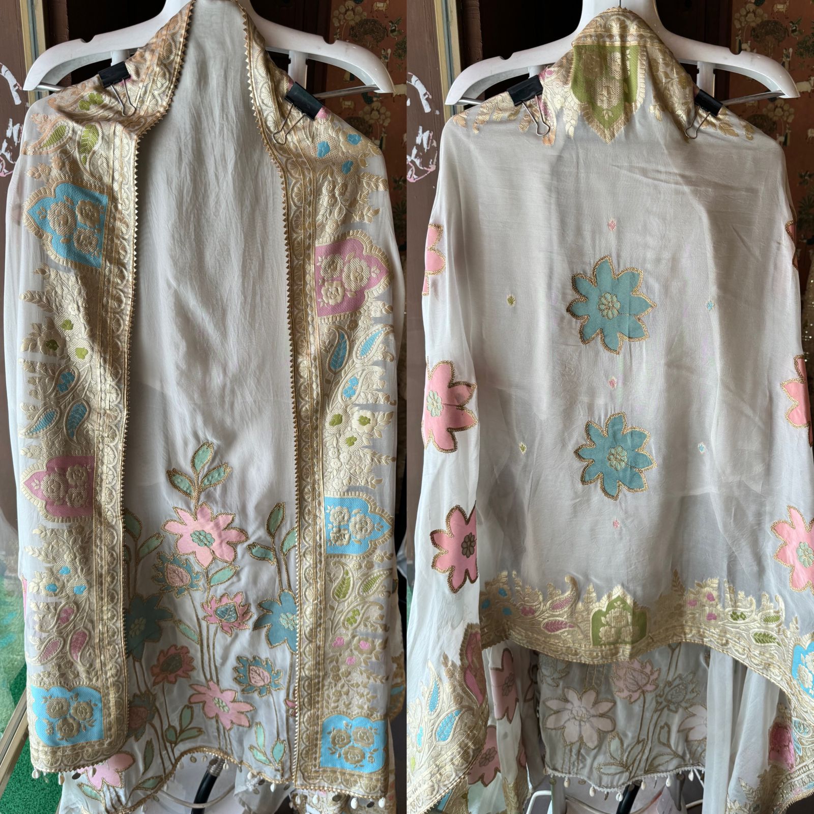 Soft organza Shirt unstitched Shirt with floral shimmer handcraft patchwork And zari Kadhai