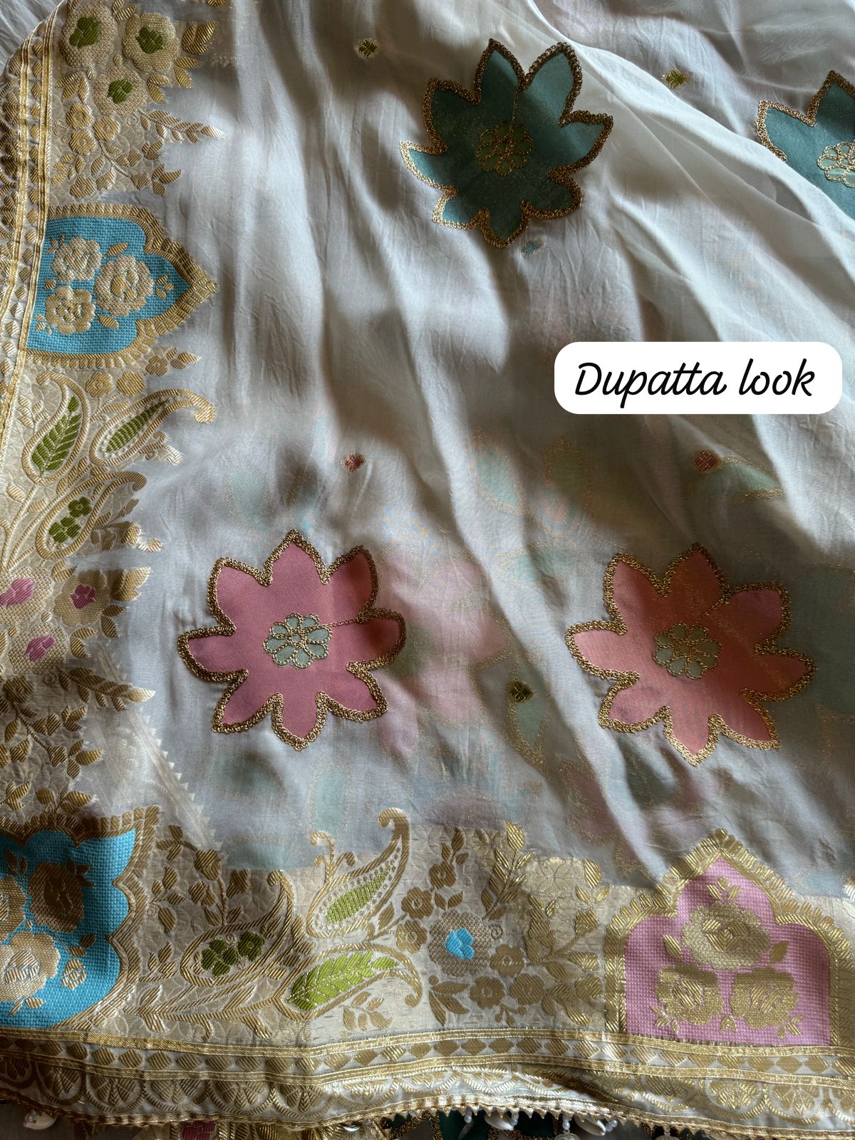 Soft organza Shirt unstitched Shirt with floral shimmer handcraft patchwork And zari Kadhai