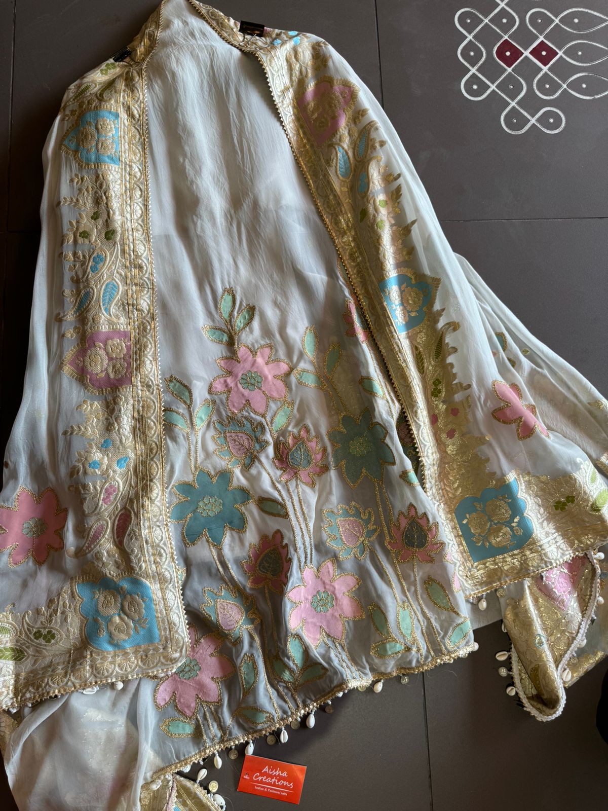 Soft organza Shirt unstitched Shirt with floral shimmer handcraft patchwork And zari Kadhai