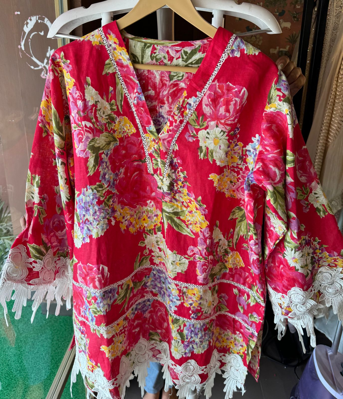 Digital floral pure linen COORD set with Beautigul Cutwork cotton crochia