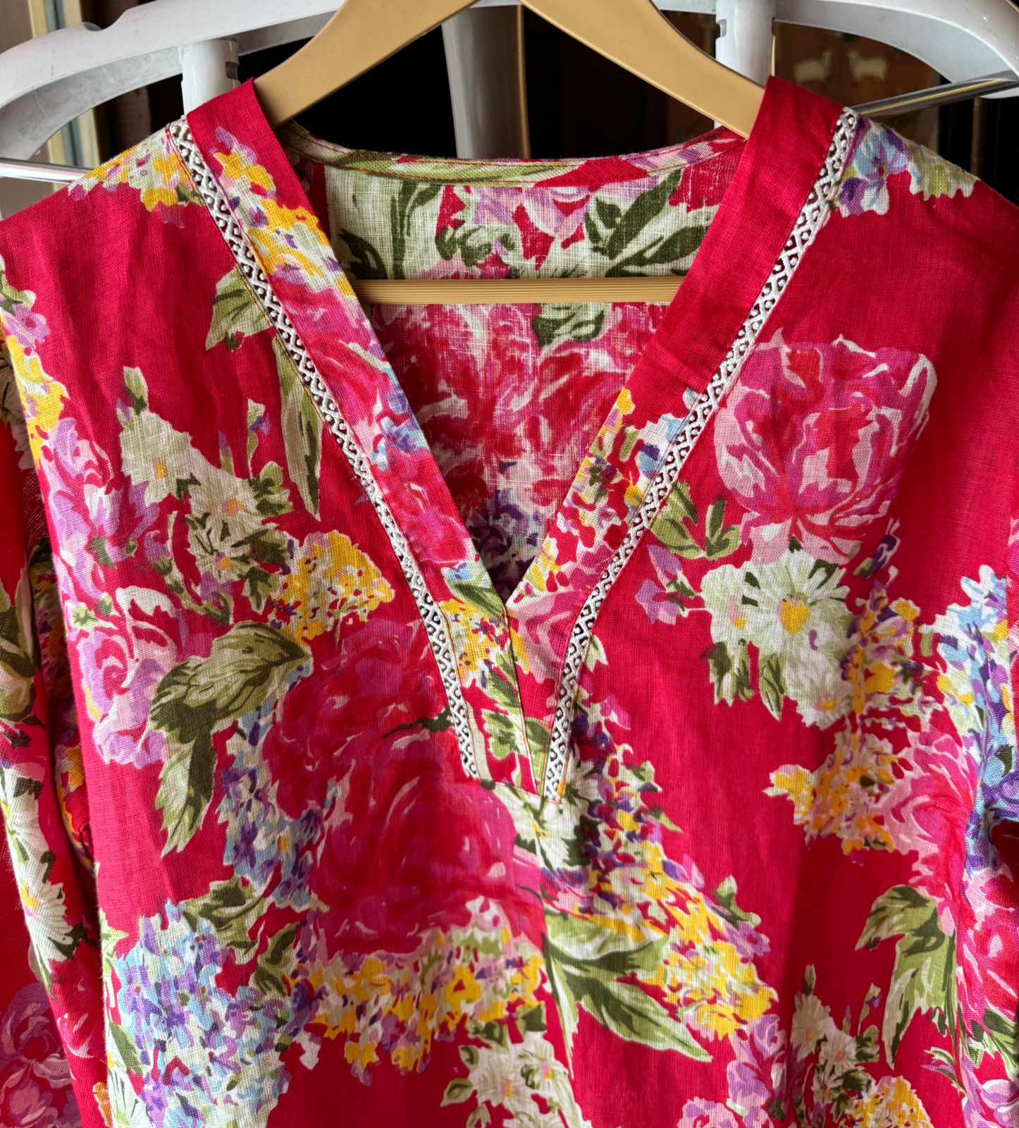 Digital floral pure linen COORD set with Beautigul Cutwork cotton crochia