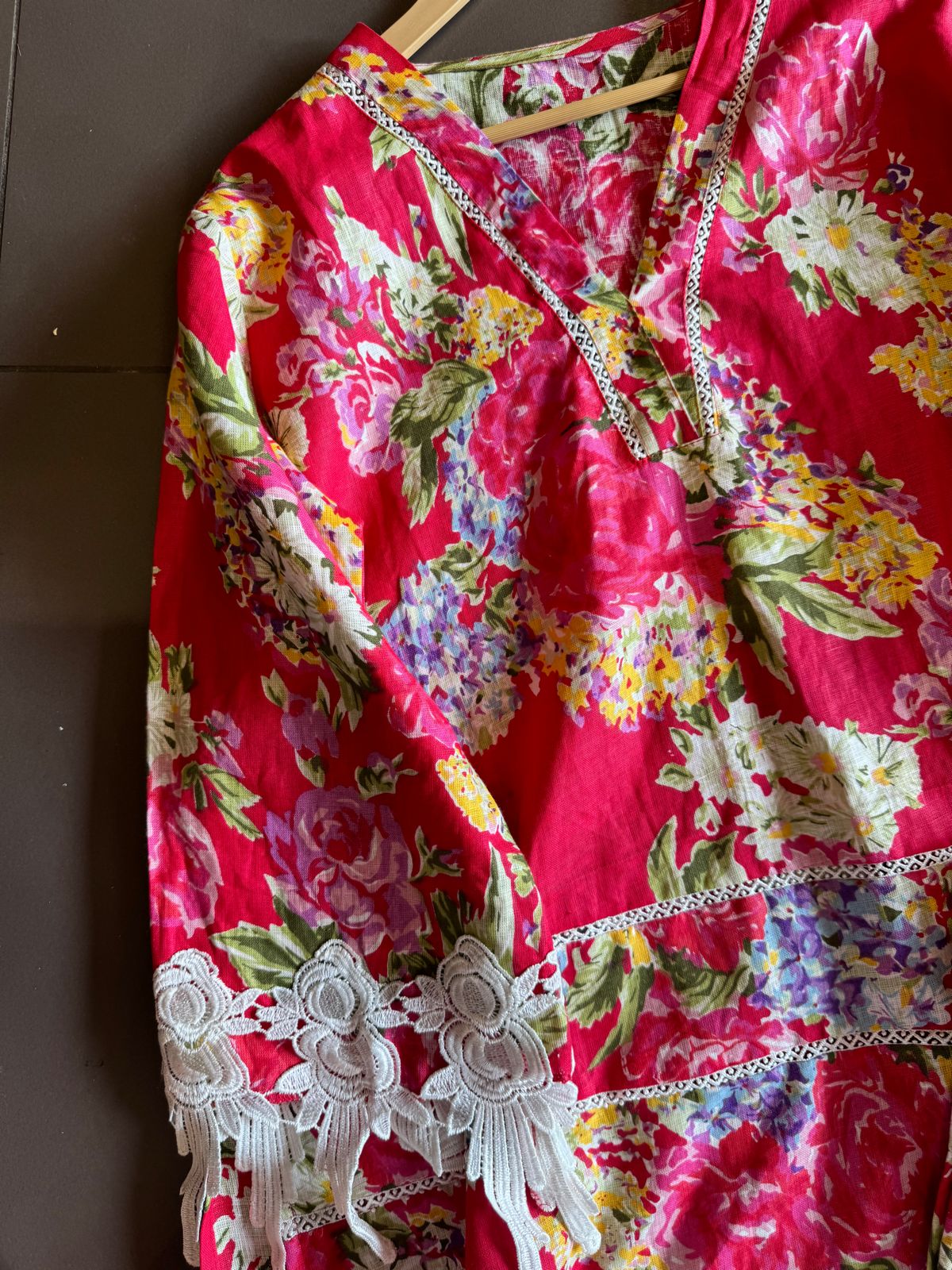 Digital floral pure linen COORD set with Beautigul Cutwork cotton crochia