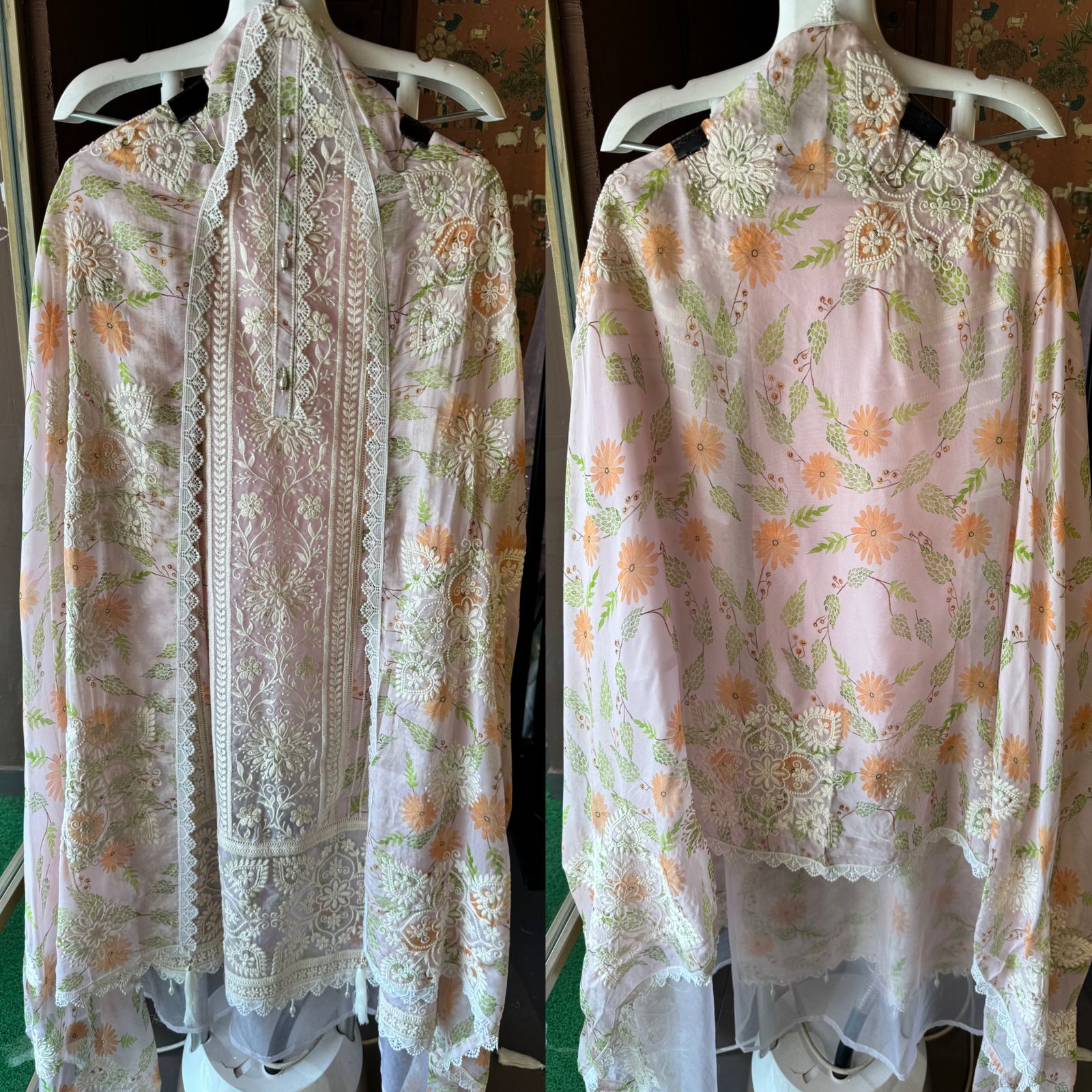 Pure organza Shirt with beautiful threadwork done on the full front