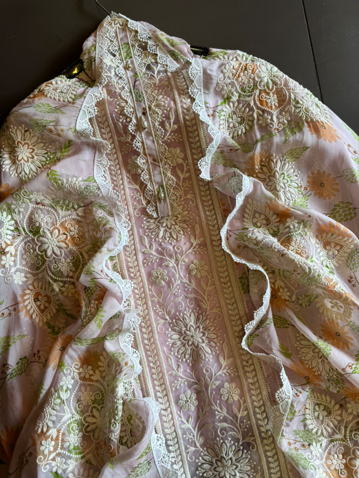 Pure organza Shirt with beautiful threadwork done on the full front