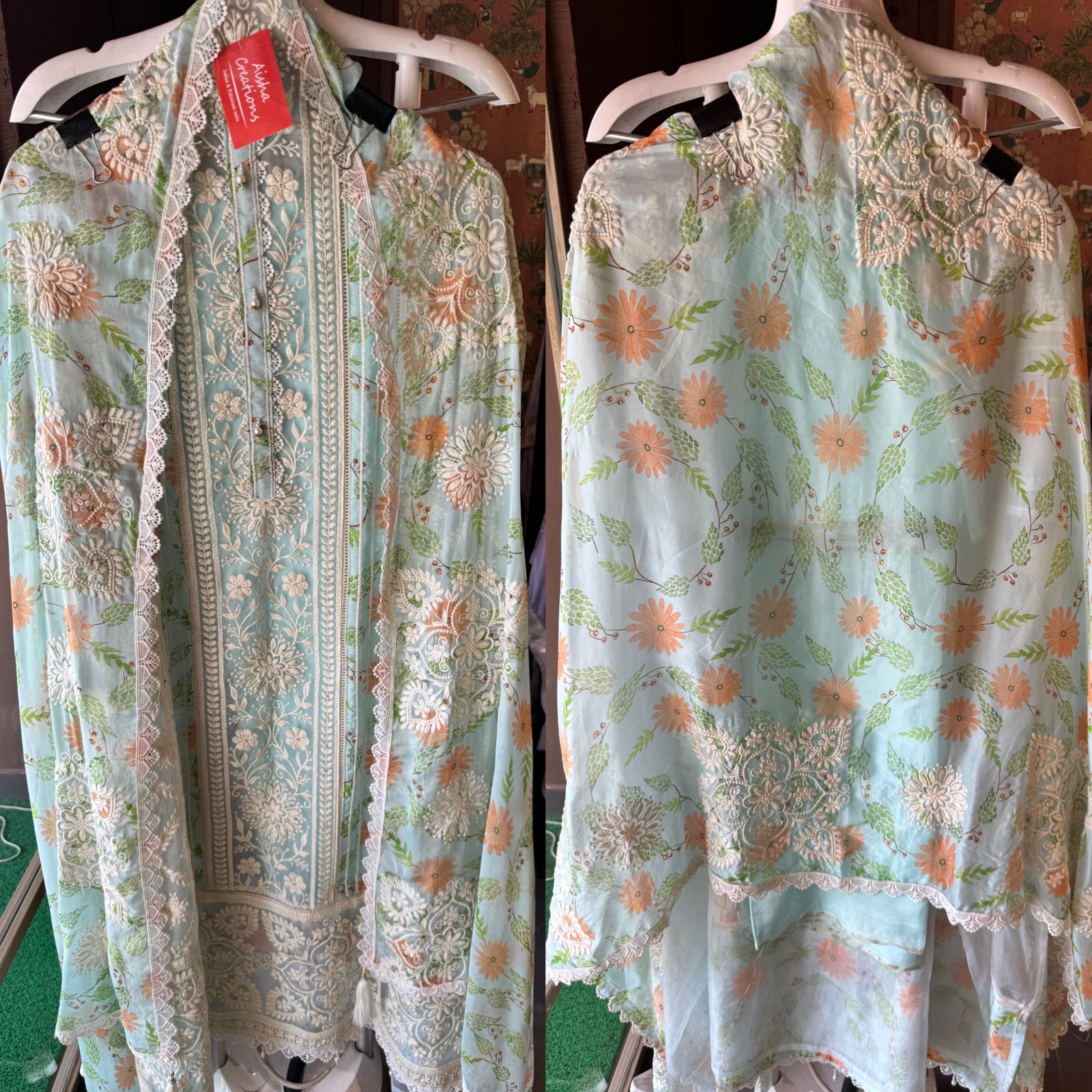 Pure organza Shirt with beautiful threadwork done on the full front