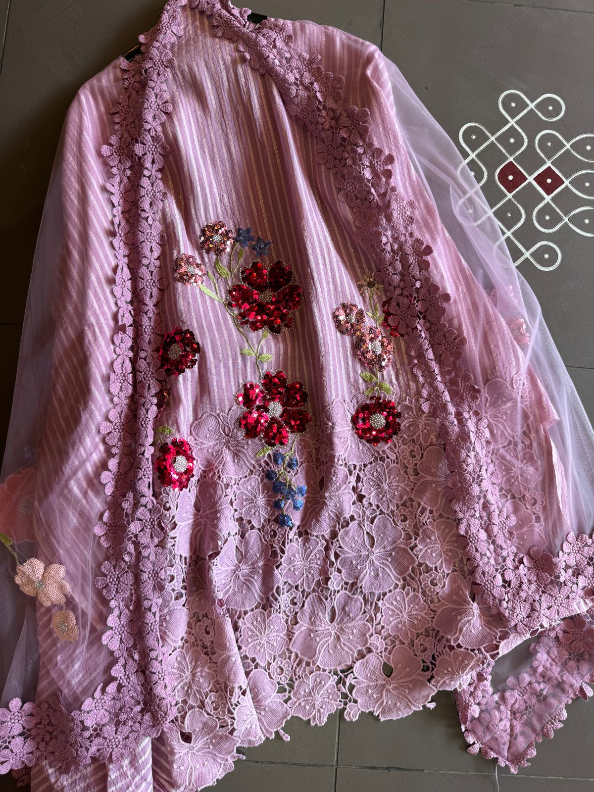 Organic cotton self base cotton shirt with rich crochet floral design ghera  Unstitched full size shirt