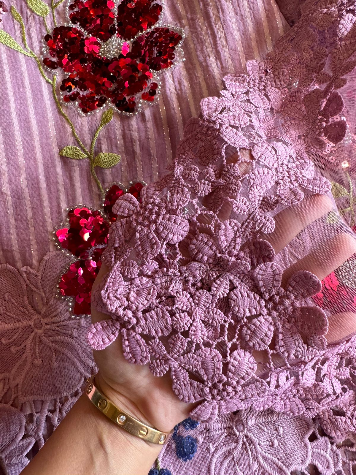 Organic cotton self base cotton shirt with rich crochet floral design ghera  Unstitched full size shirt