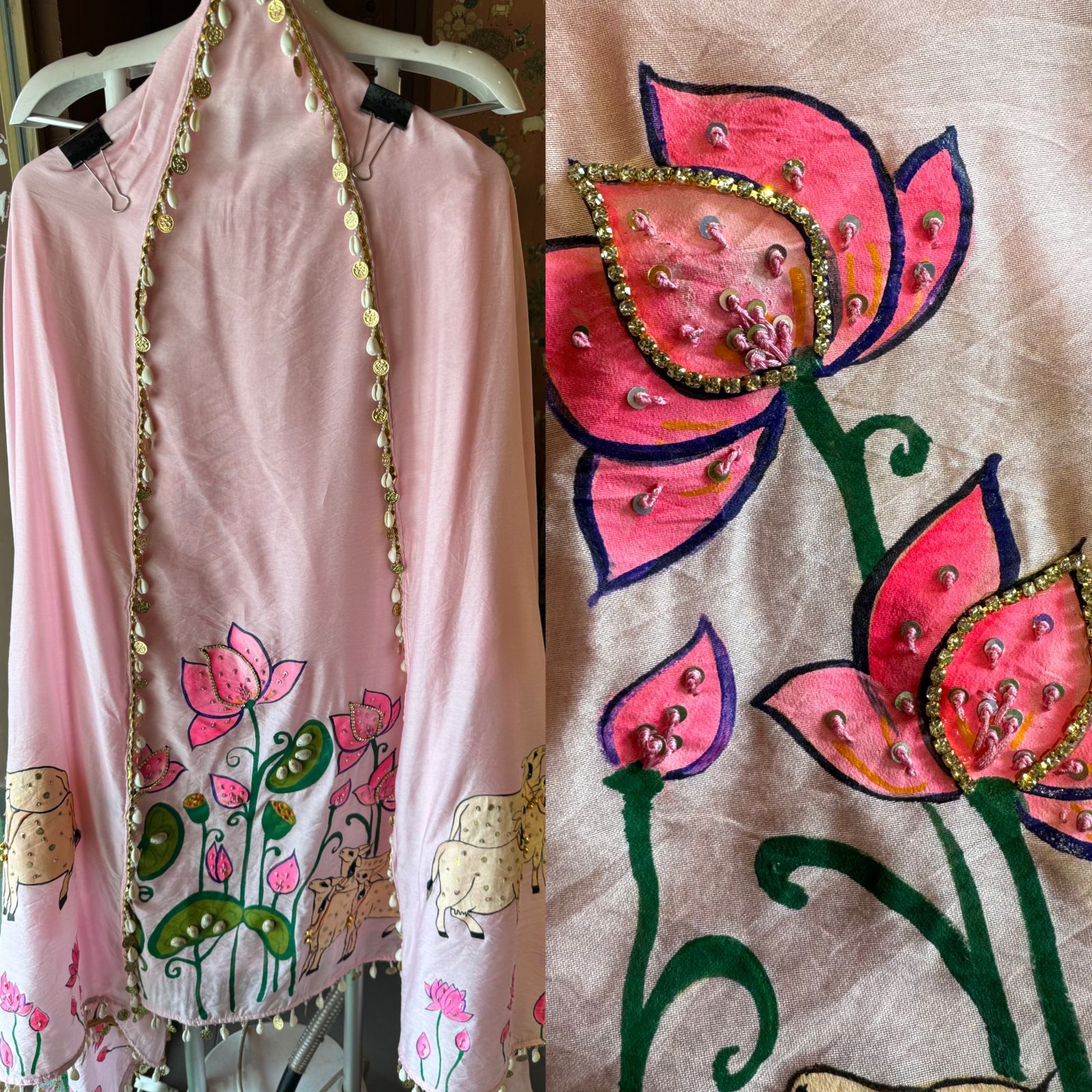 Pure chanderi hand painted suit Premium pichwai hand paint design.