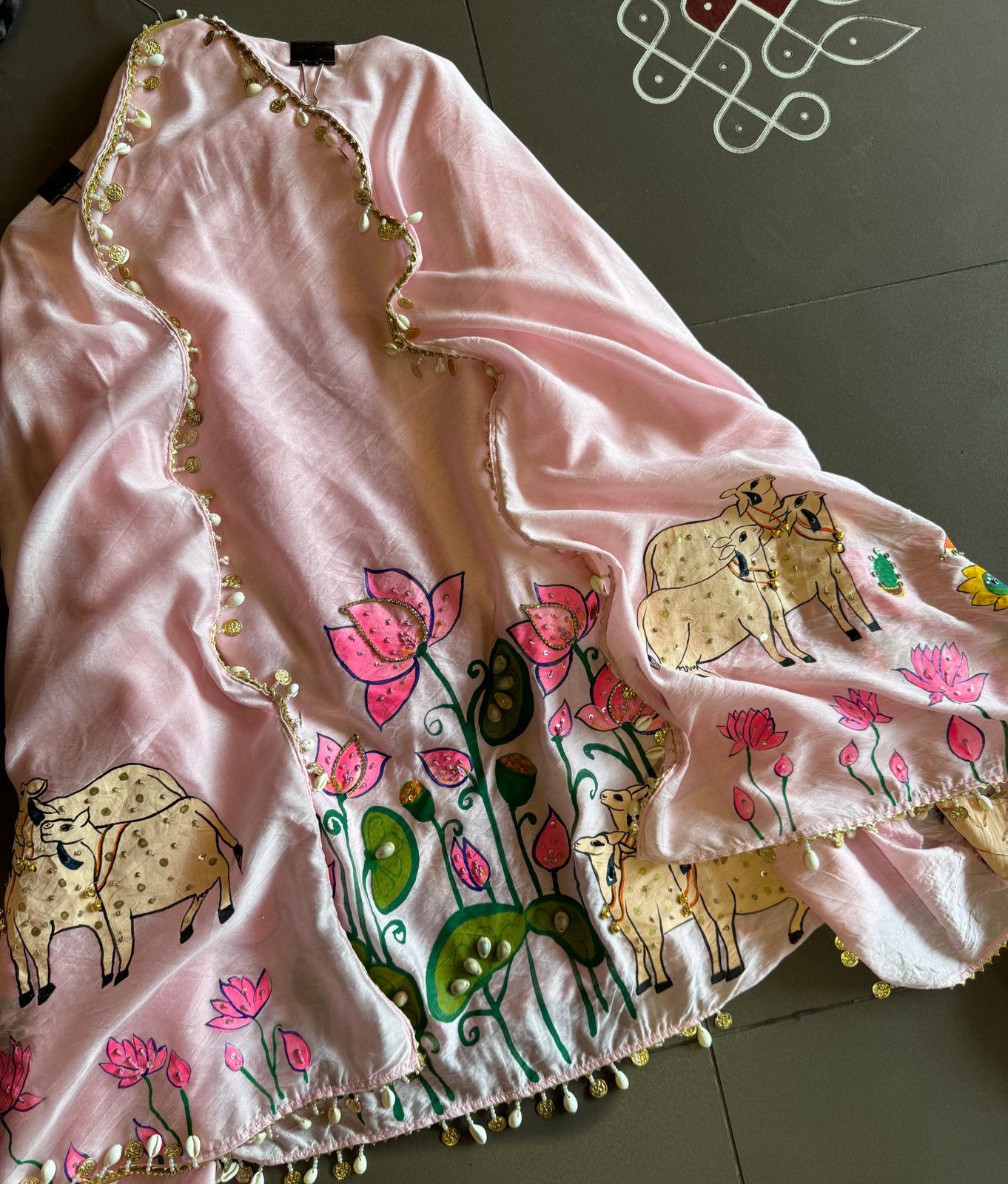 Pure chanderi hand painted suit Premium pichwai hand paint design.