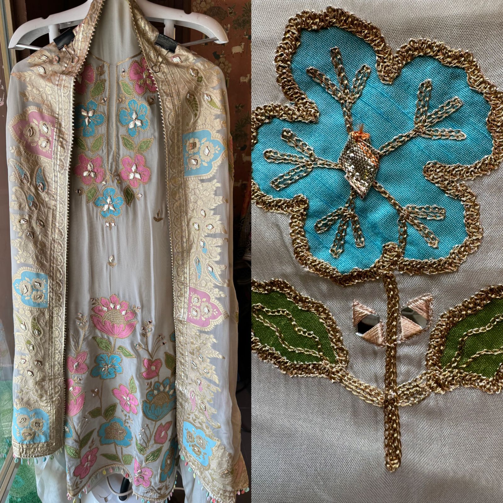 Soft organza Shirt unstitched Shirt with floral shimmer handcraft patchwork And zari Kadhai on it.